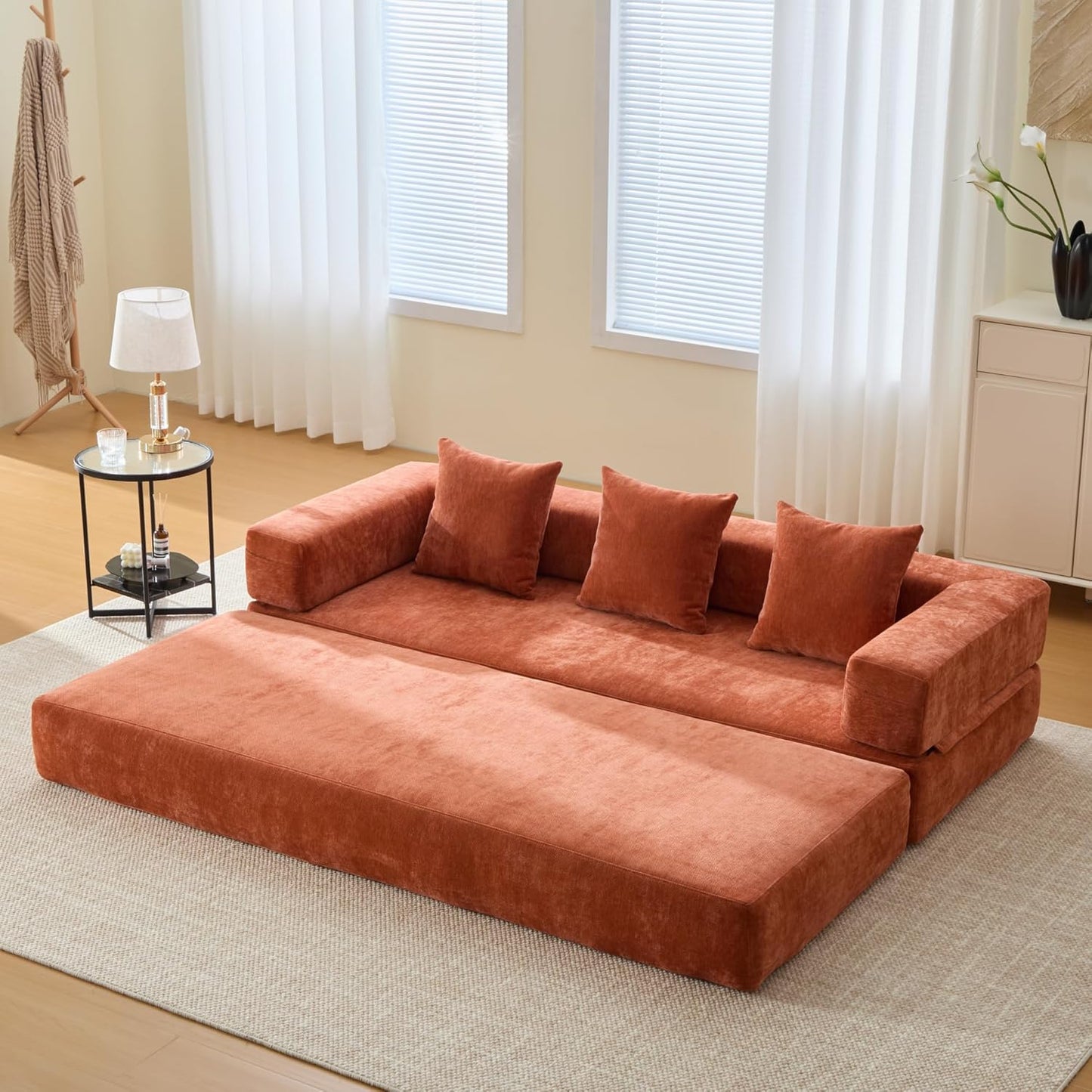 Convertible Sleeper Sofa Bed with Cylindrical Pillow, Corduroy Folding Mattress Couch with Fixed-Shape Frame, Floor Sofa Lounge Couch for Living Room Bedroom Lounge Studio-Green