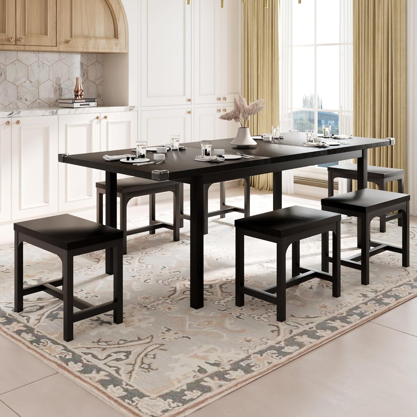 Feonase 5-Piece Dining Table Set for 4-8 People, 63" Extendable Kitchen Table with 2 Benches and 2 Square Stools, Mid-Century Modern Wooden Dining Room Table, Space-Saving, Walnut