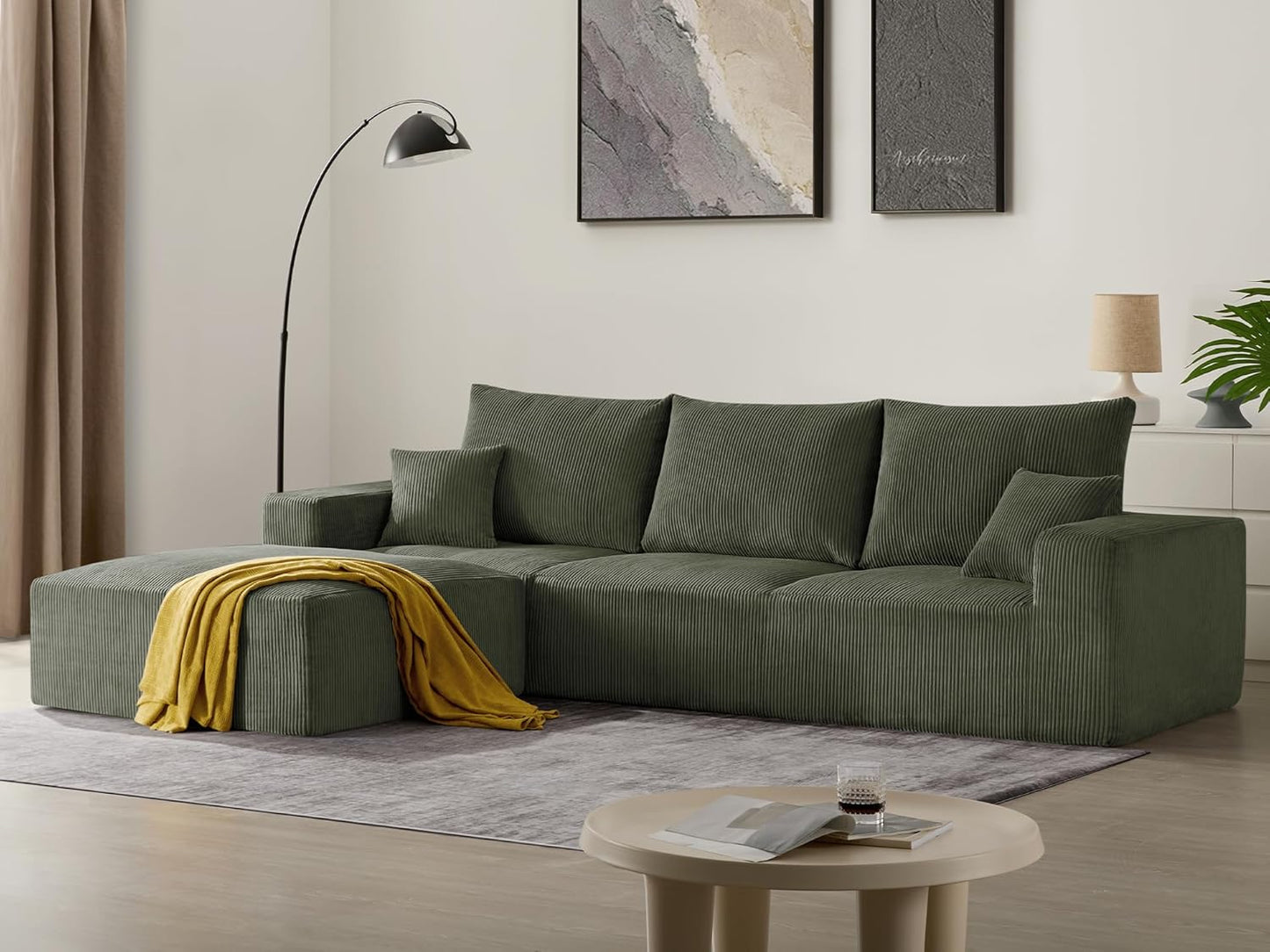 Sectional Cloud Boneless Sofa Bed Couches for Living Room-113'' Beige 3 Seater Modern Lounge Sleeper Couch-No Assembly-Modular Corduroy Convertible Sponge Compression Sofas with Chaise for Home House