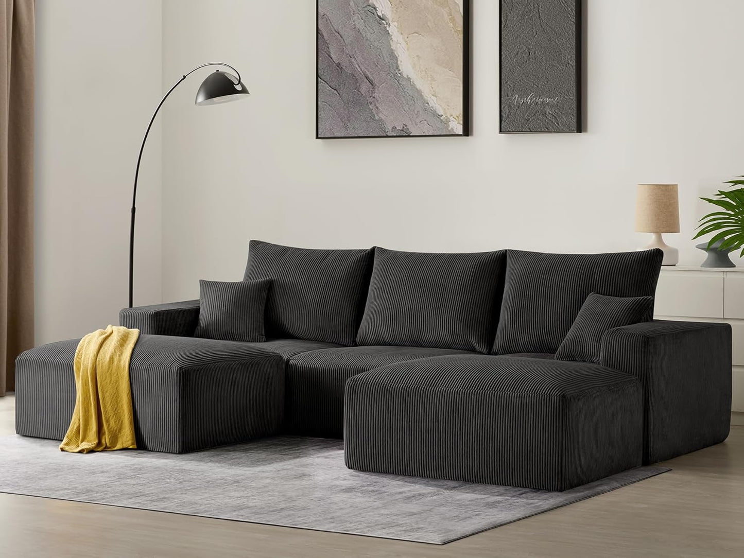 Sectional Cloud Boneless Sofa Bed Couches for Living Room-113'' Beige 3 Seater Modern Lounge Sleeper Couch-No Assembly-Modular Corduroy Convertible Sponge Compression Sofas with Chaise for Home House