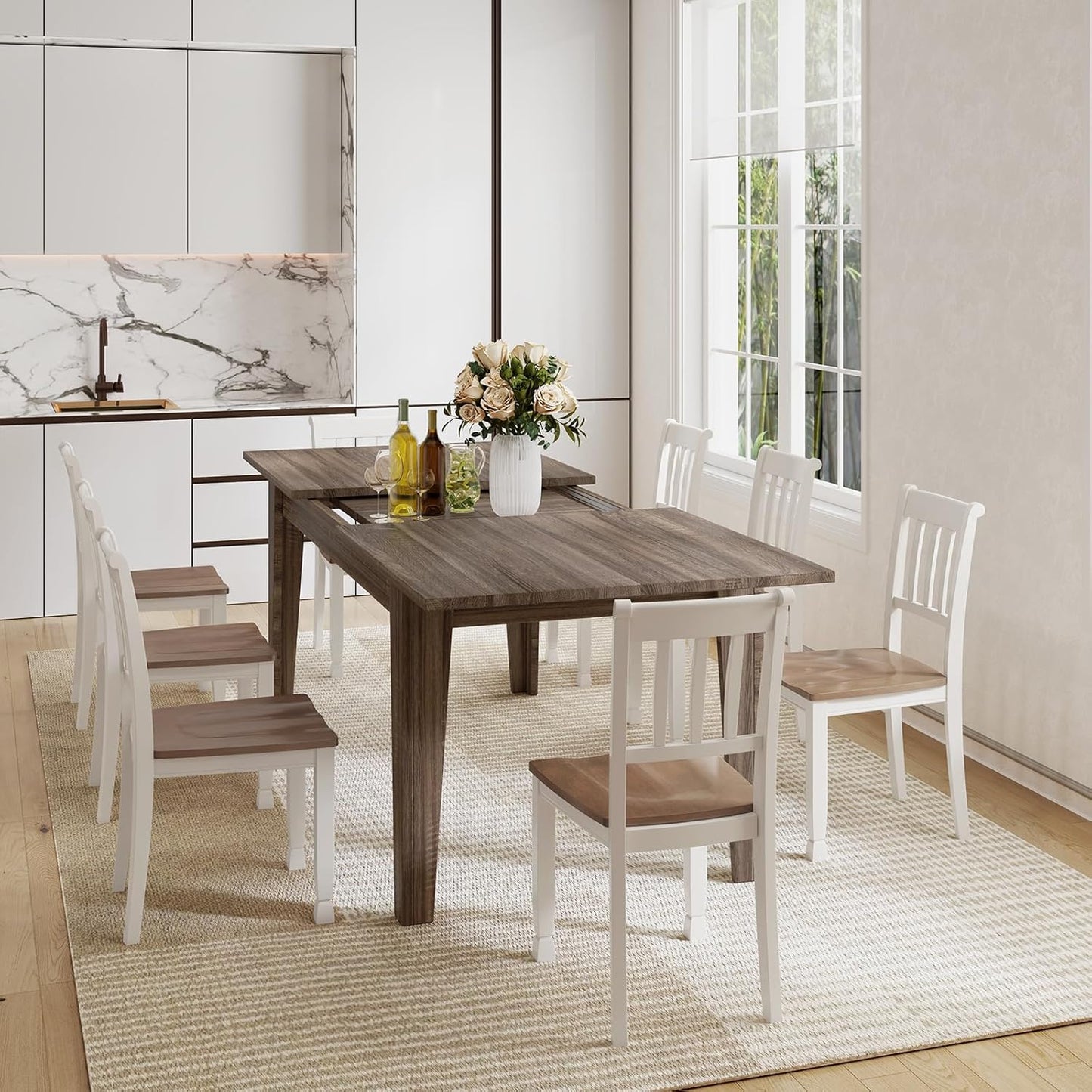63"-78.7" Expandable Dining Table, 6-10 Farmhouse Kitchen Table, Extendable Dining Table, Rectangular Kitchen Table with Metal Track, Tapered U-Shaped Legs for Dining Room, Office-Oak