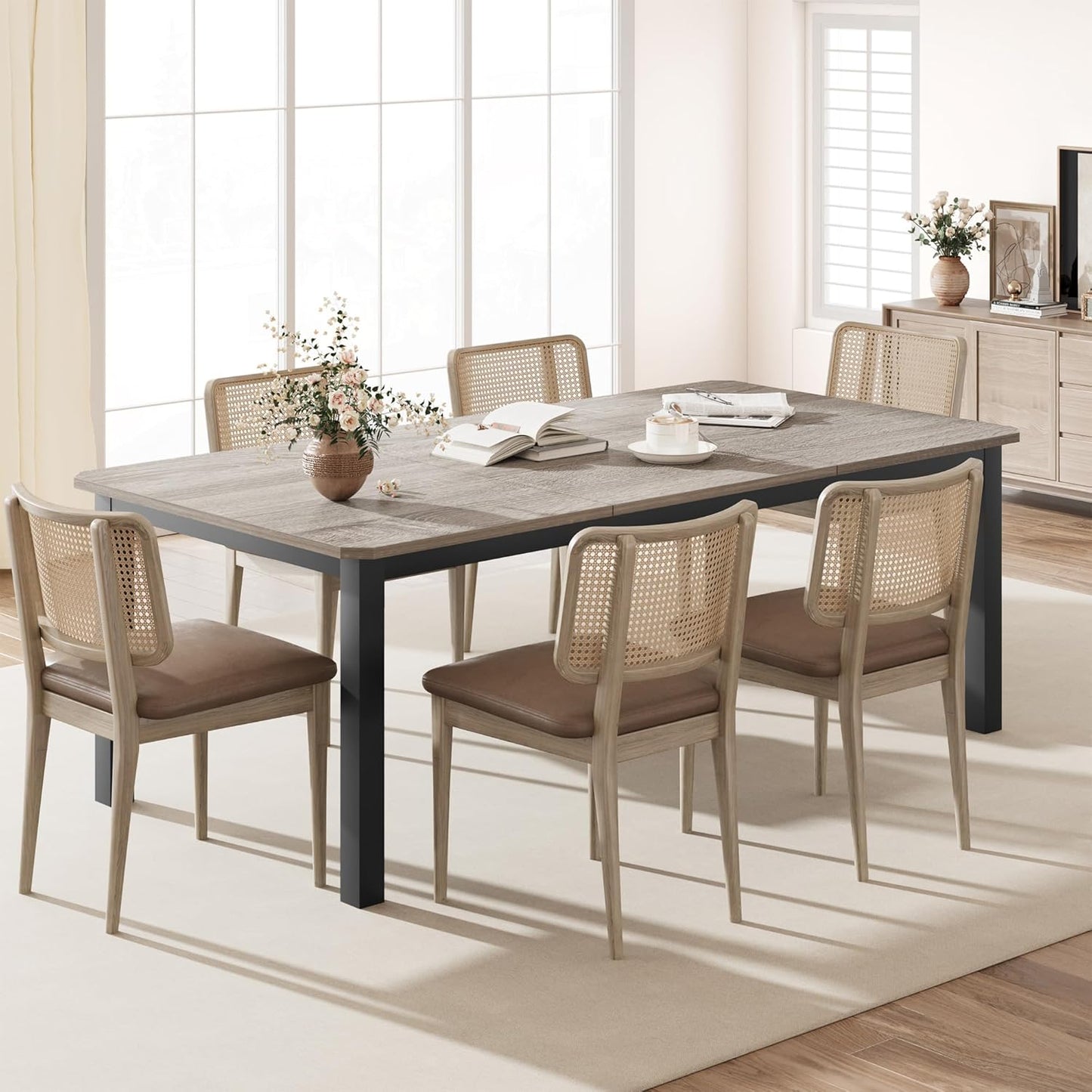 GarveeHome Industrial Dining Table for 6-8 People, 78.7" Long Wooden Kitchen Table with Sturdy Metal Frame & Rustic Brown Finish - Seats 6 Rectangular Counter for Dinner, Kitchen (Grey, Only Table)