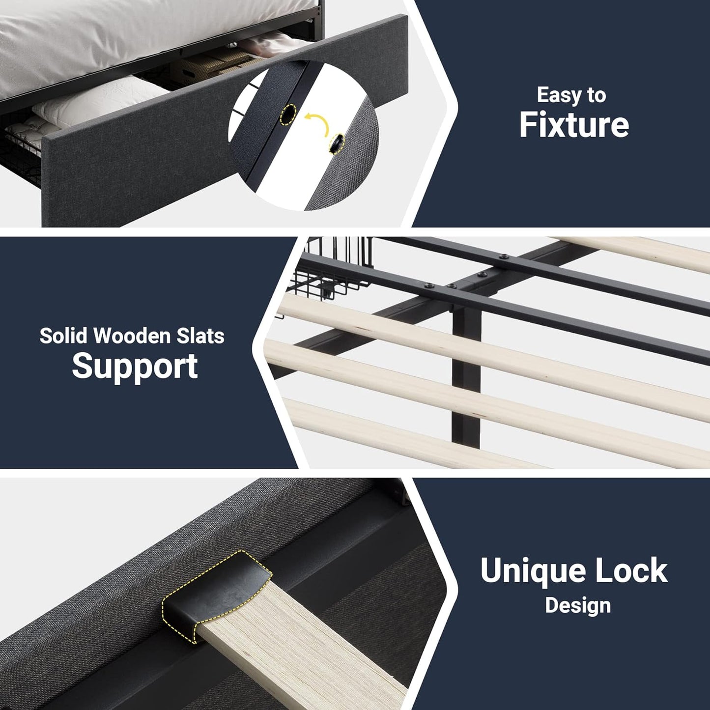 Allewie Full Size Platform Bed Frame with 3 Storage Drawers, Fabric Upholstered, Wooden Slats Support, No Box Spring Needed, Noise Free, Easy Assembly, Dark Grey