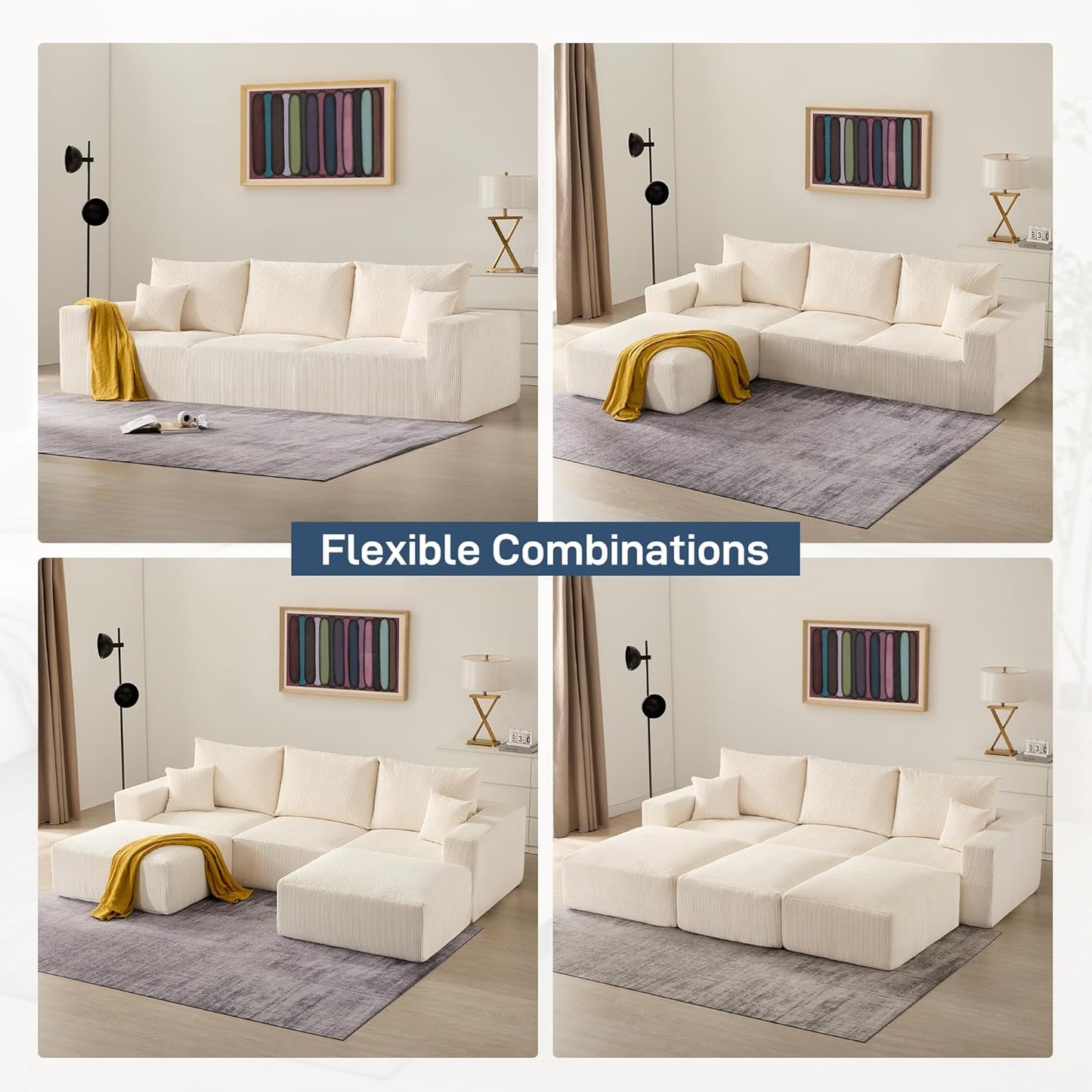 Sectional Cloud Boneless Sofa Bed Couches for Living Room-113'' Beige 3 Seater Modern Lounge Sleeper Couch-No Assembly-Modular Corduroy Convertible Sponge Compression Sofas with Chaise for Home House