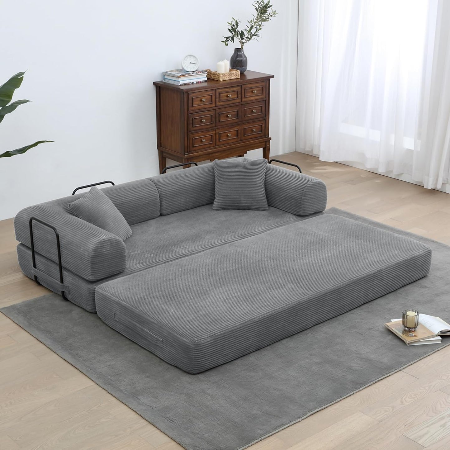 Convertible Sleeper Sofa Bed with Cylindrical Pillow, Corduroy Folding Mattress Couch with Fixed-Shape Frame, Floor Sofa Lounge Couch for Living Room Bedroom Lounge Studio-Green