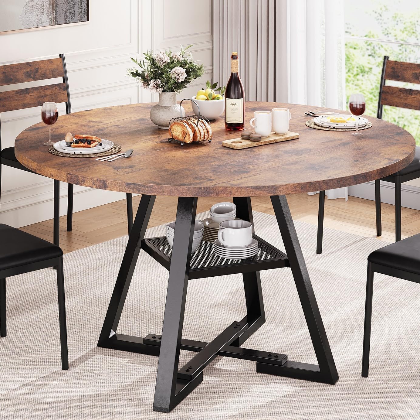 Round Dining Table for 4,Kitchen Dining Room Circle Dinner Pedestal Table,Space Saving Wood Kitchen & Dining Room Furniture (Vintage, 42In)