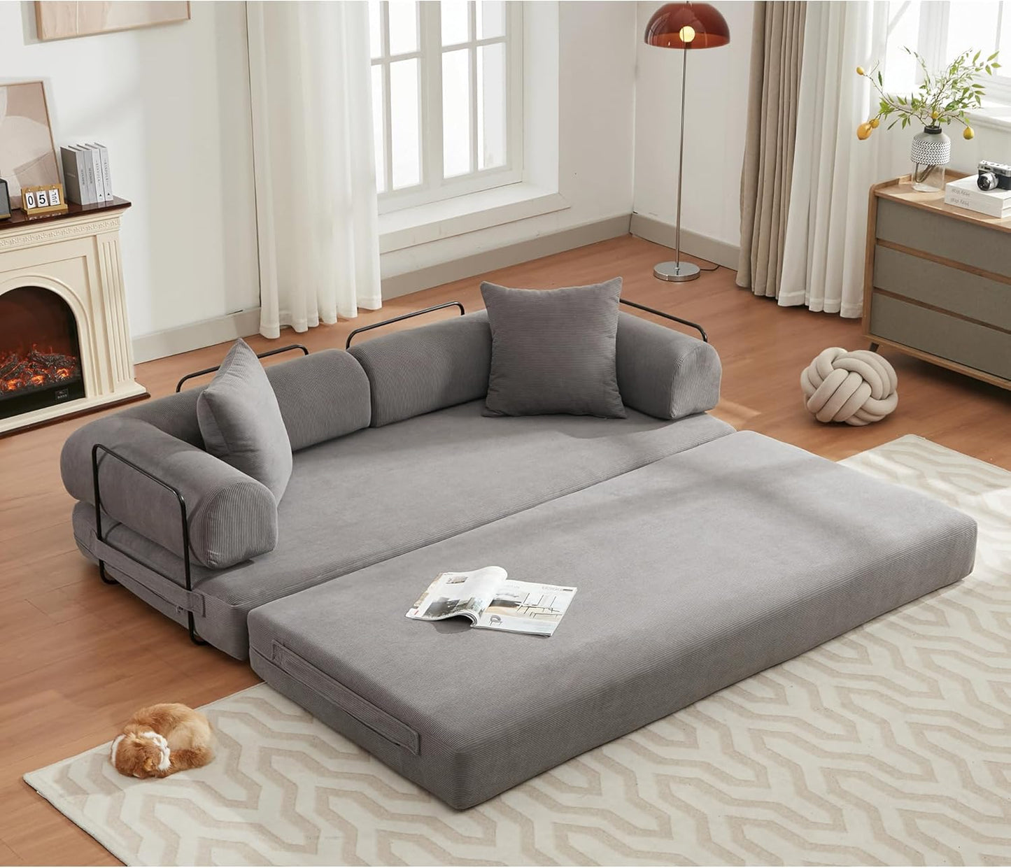 Convertible Sleeper Sofa Bed with Cylindrical Pillow, Corduroy Folding Mattress Couch with Fixed-Shape Frame, Floor Sofa Lounge Couch for Living Room Bedroom Lounge Studio-Green