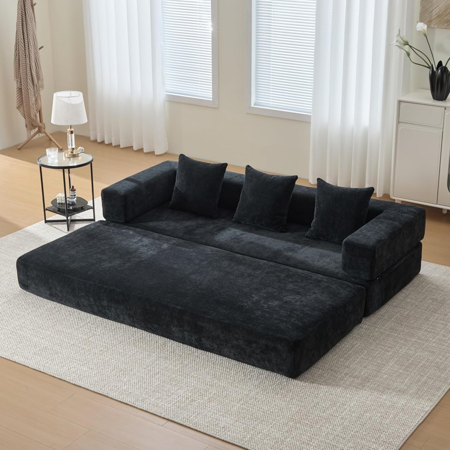 Convertible Sleeper Sofa Bed with Cylindrical Pillow, Corduroy Folding Mattress Couch with Fixed-Shape Frame, Floor Sofa Lounge Couch for Living Room Bedroom Lounge Studio-Green