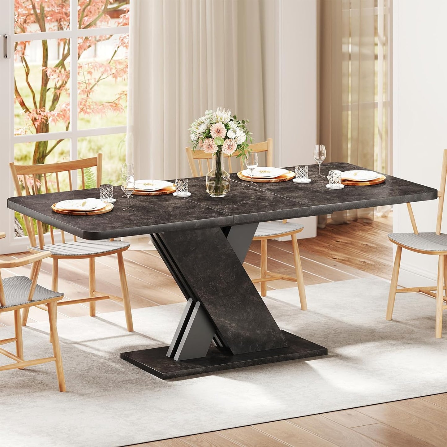 63"-78.7" Expandable Dining Table, 6-10 Farmhouse Kitchen Table, Extendable Dining Table, Rectangular Kitchen Table with Metal Track, Tapered U-Shaped Legs for Dining Room, Office-Oak