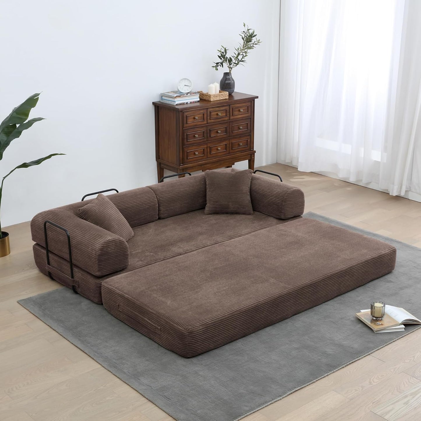 Convertible Sleeper Sofa Bed with Cylindrical Pillow, Corduroy Folding Mattress Couch with Fixed-Shape Frame, Floor Sofa Lounge Couch for Living Room Bedroom Lounge Studio-Green