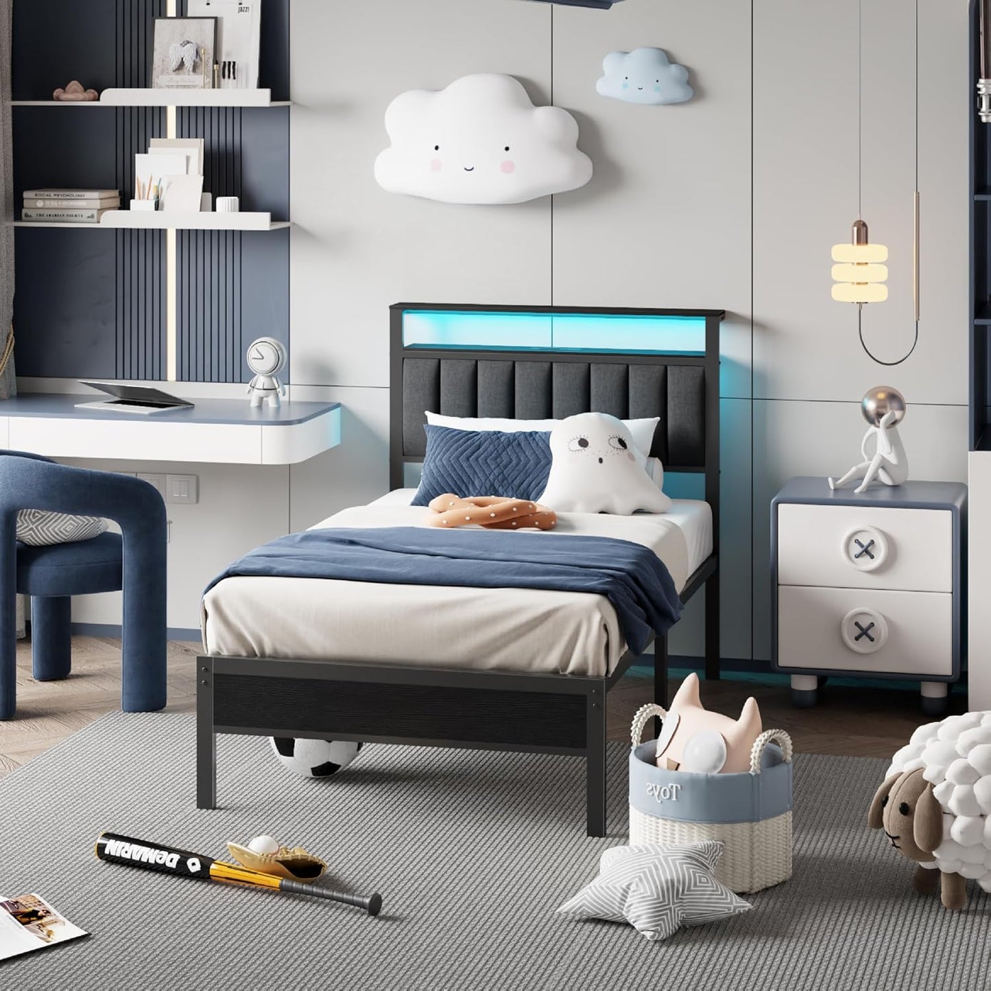 Furnulem Twin Size Bed Frame with Charging Station and LED Lights, Platform Bed with Metal Slats, Grey Upholstered Headboard with 2-Tier Storage Shelves, No Box Spring Needed