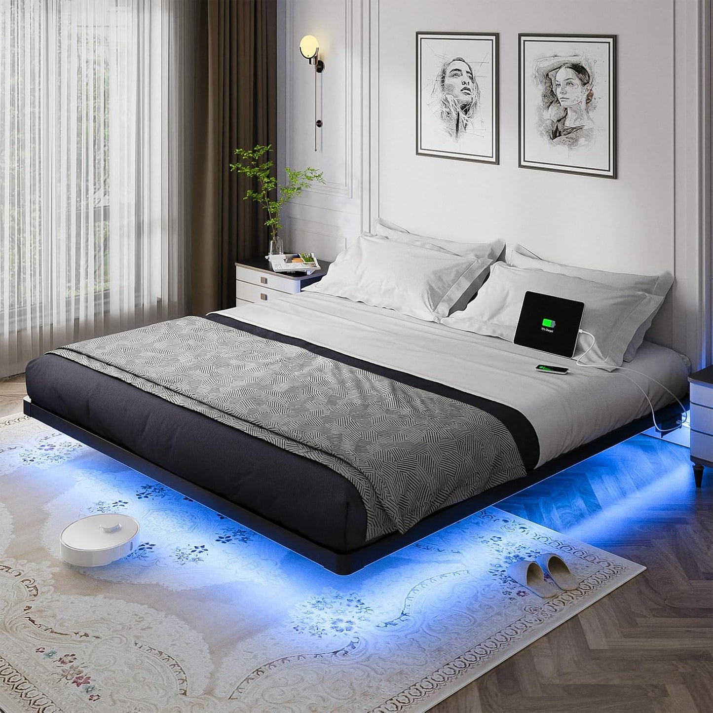 OLEVS Floating Bed Frame Full Size with Smart LED Lights and Charging Station - Modern Metal Platform Bed, Easy Assembly No Box Spring Needed