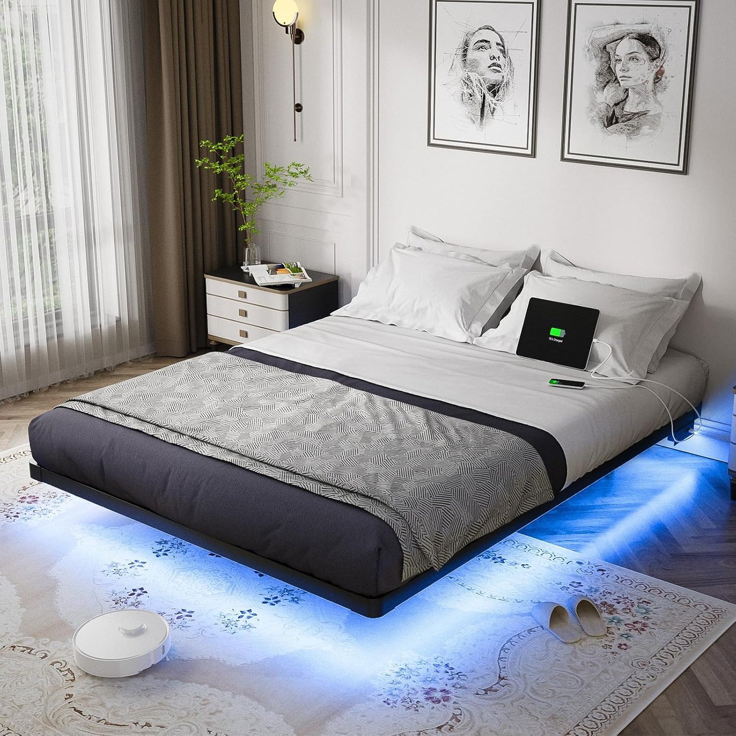 OLEVS Floating Bed Frame Full Size with Smart LED Lights and Charging Station - Modern Metal Platform Bed, Easy Assembly No Box Spring Needed