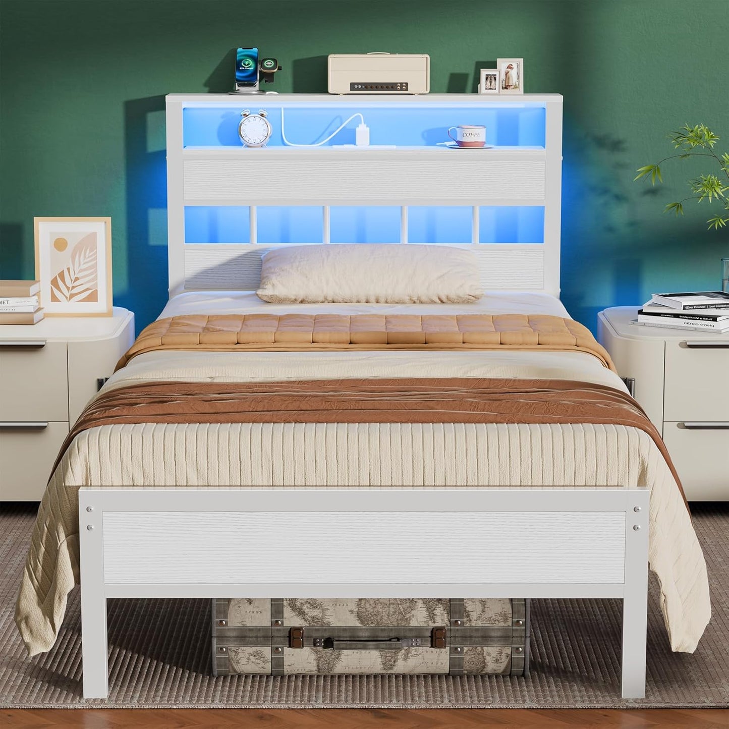 Furnulem Full Size Bed Frame with LED Light and Charging Station, Wood Storage Headboard with 2-Tier Shelves, Metal Platform Bed with Heavy Duty Slats Support, No Box Spring Needed, Black Oak