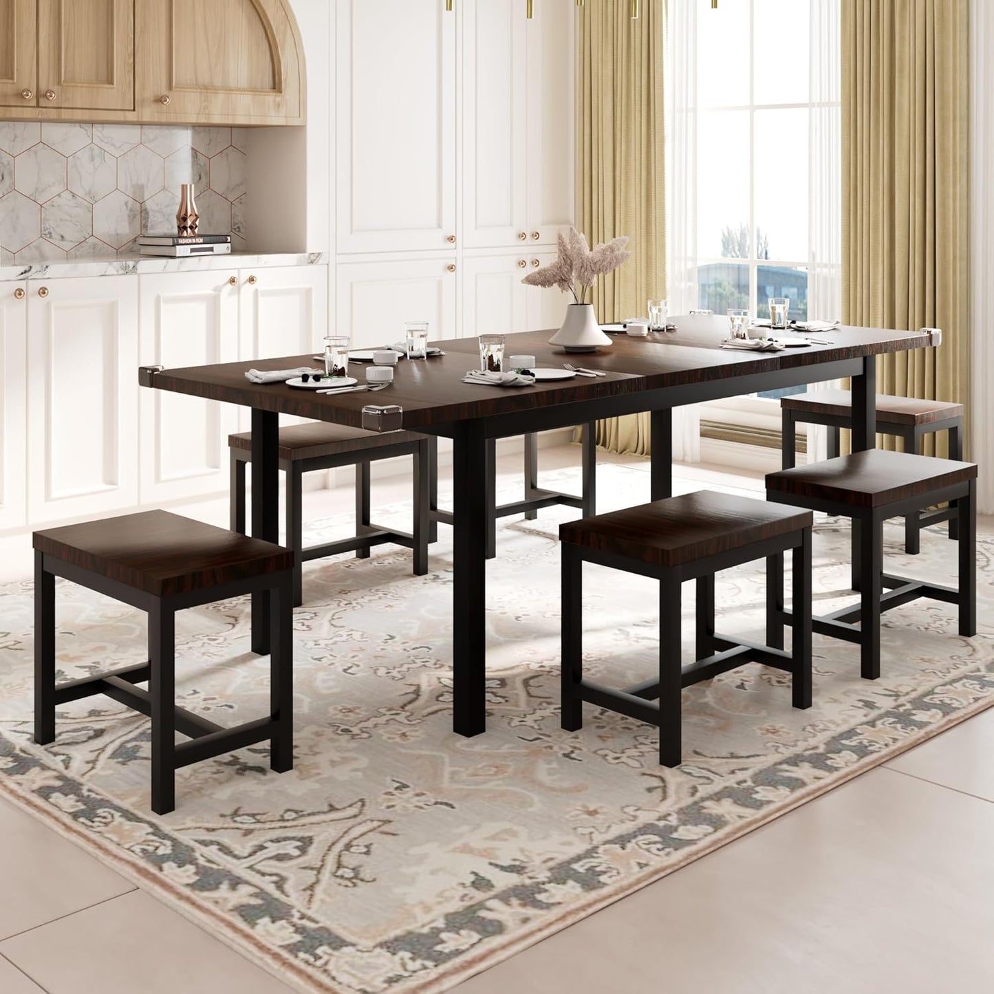 Feonase 5-Piece Dining Table Set for 4-8 People, 63" Extendable Kitchen Table with 2 Benches and 2 Square Stools, Mid-Century Modern Wooden Dining Room Table, Space-Saving, Walnut
