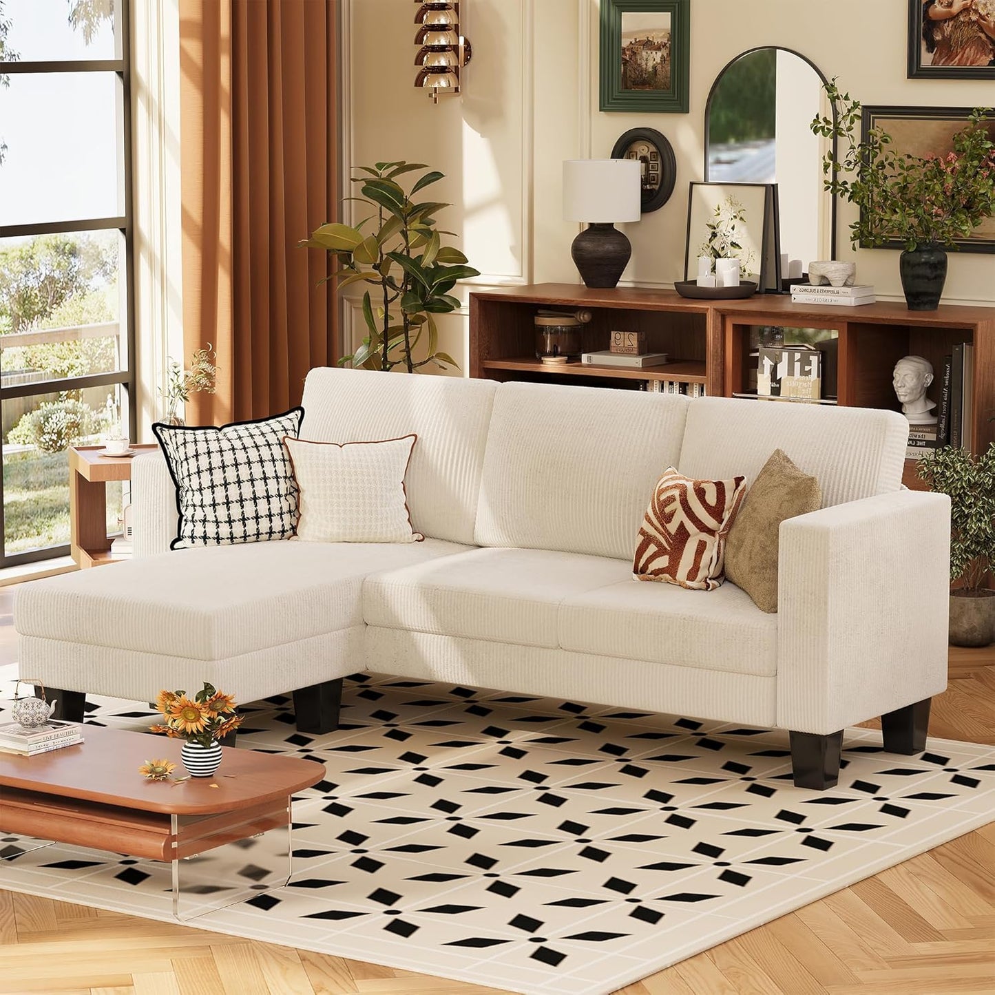 VICTONE Convertible Sectional Sofa Couch, 3 Seat L-Shaped Sofa with Linen Fabric Ottoman Small Couch for Small Apartments, Living Room and Office (Linen Fabric, Dark Gray)