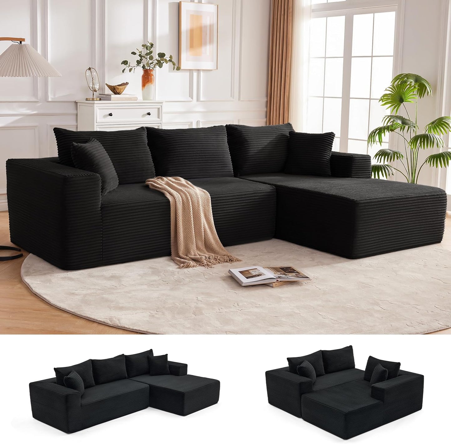 110” Cloud Sectional Couch, Boneless Sofa for Living Room, Modular Sectional Sofa with Deep Seat, Comfy Fluffy Couch with L-Shaped Chaise, No Assembly Required (Left-Facing Chaise, Dark Grey)