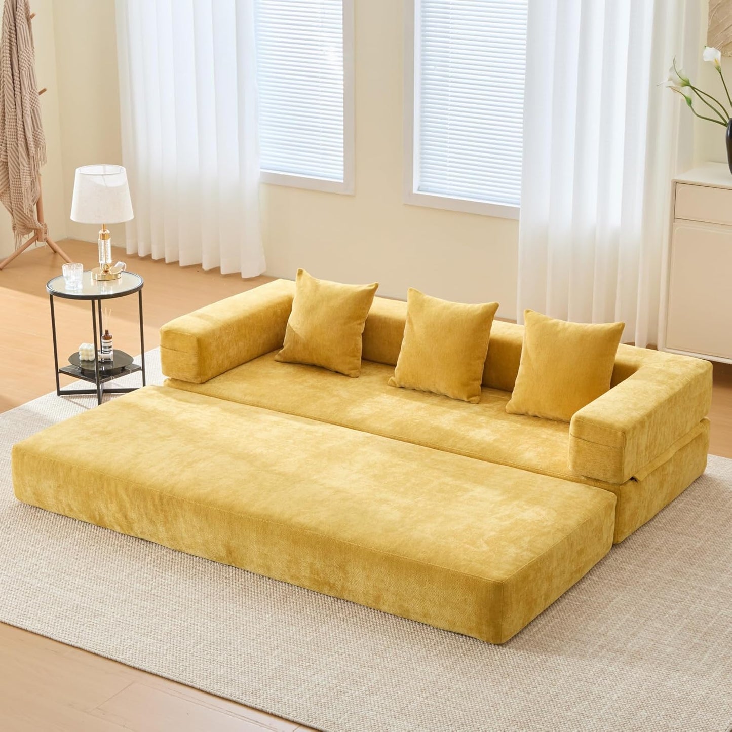 Convertible Sleeper Sofa Bed with Cylindrical Pillow, Corduroy Folding Mattress Couch with Fixed-Shape Frame, Floor Sofa Lounge Couch for Living Room Bedroom Lounge Studio-Green