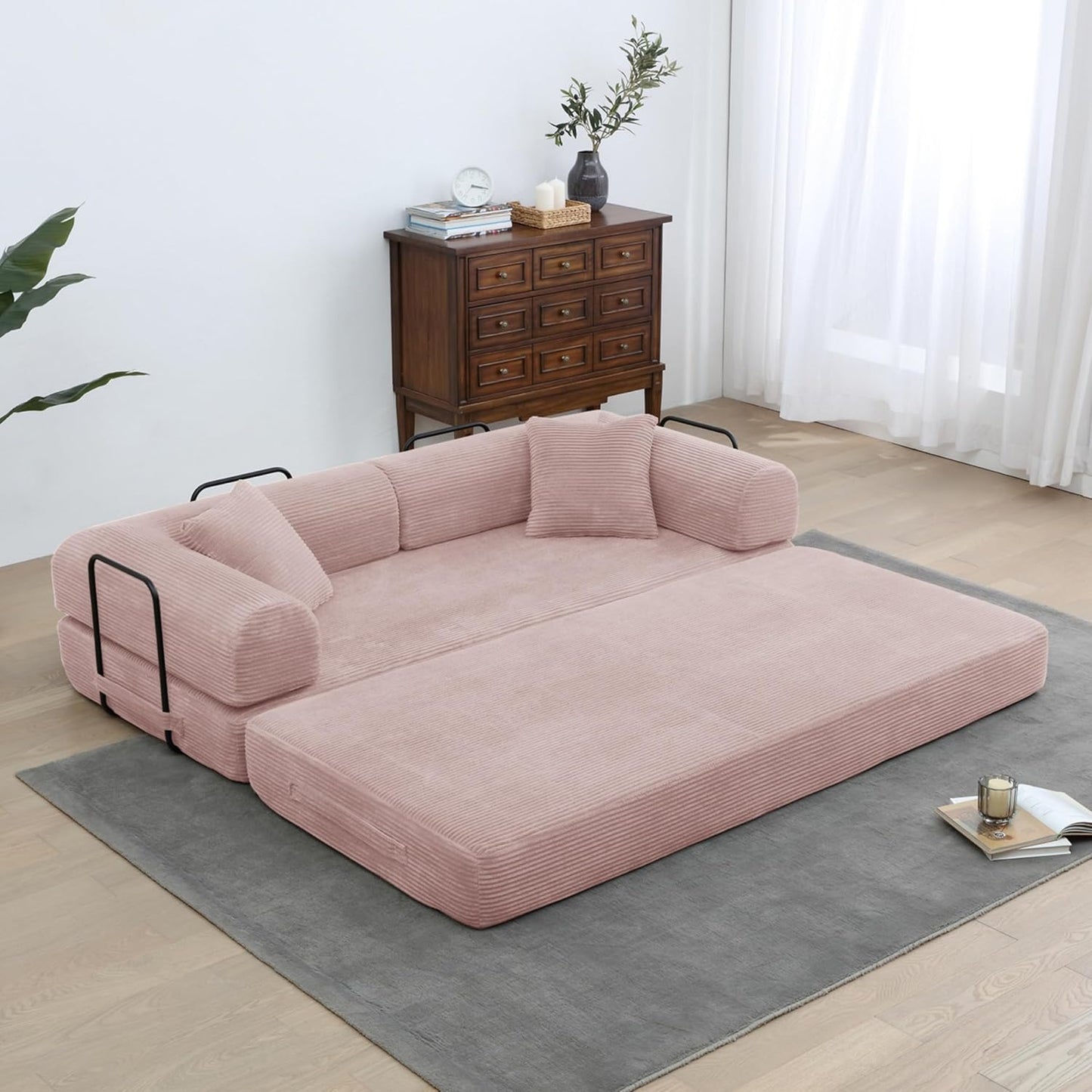 Convertible Sleeper Sofa Bed with Cylindrical Pillow, Corduroy Folding Mattress Couch with Fixed-Shape Frame, Floor Sofa Lounge Couch for Living Room Bedroom Lounge Studio-Green