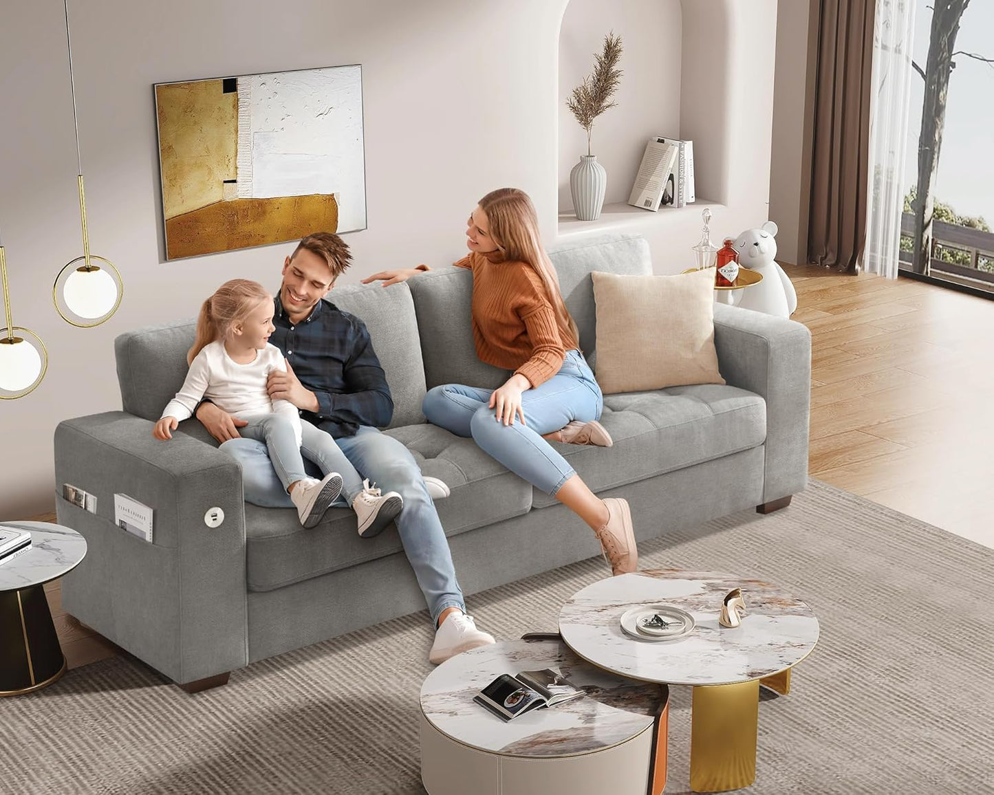 Sofas for Living Room, Chenille Loveseat Couch Set, Small Sofa, 3 Seater Sofa, USB Charging, Removable Sofa Cover,Solid Wood Frame, Easy to Install(89inch,Brown)