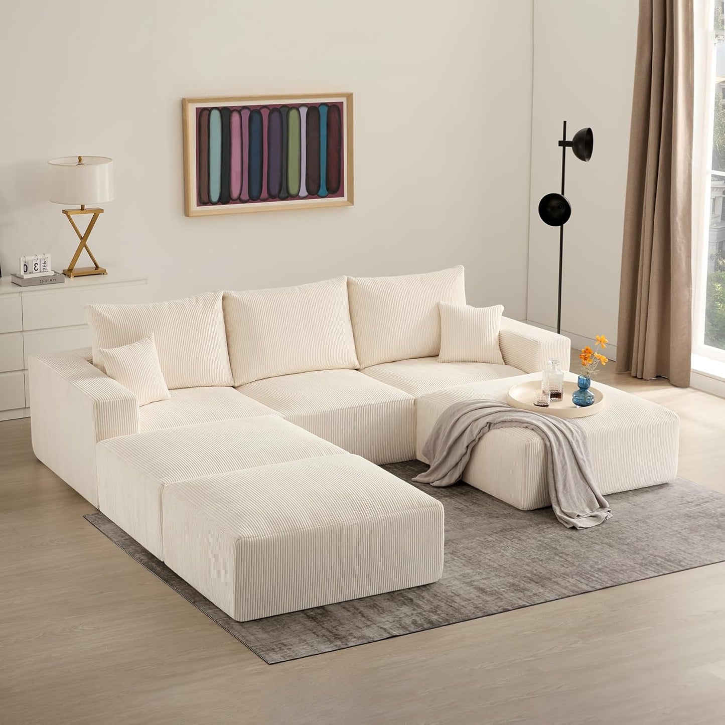 Sectional Cloud Boneless Sofa Bed Couches for Living Room-113'' Beige 3 Seater Modern Lounge Sleeper Couch-No Assembly-Modular Corduroy Convertible Sponge Compression Sofas with Chaise for Home House