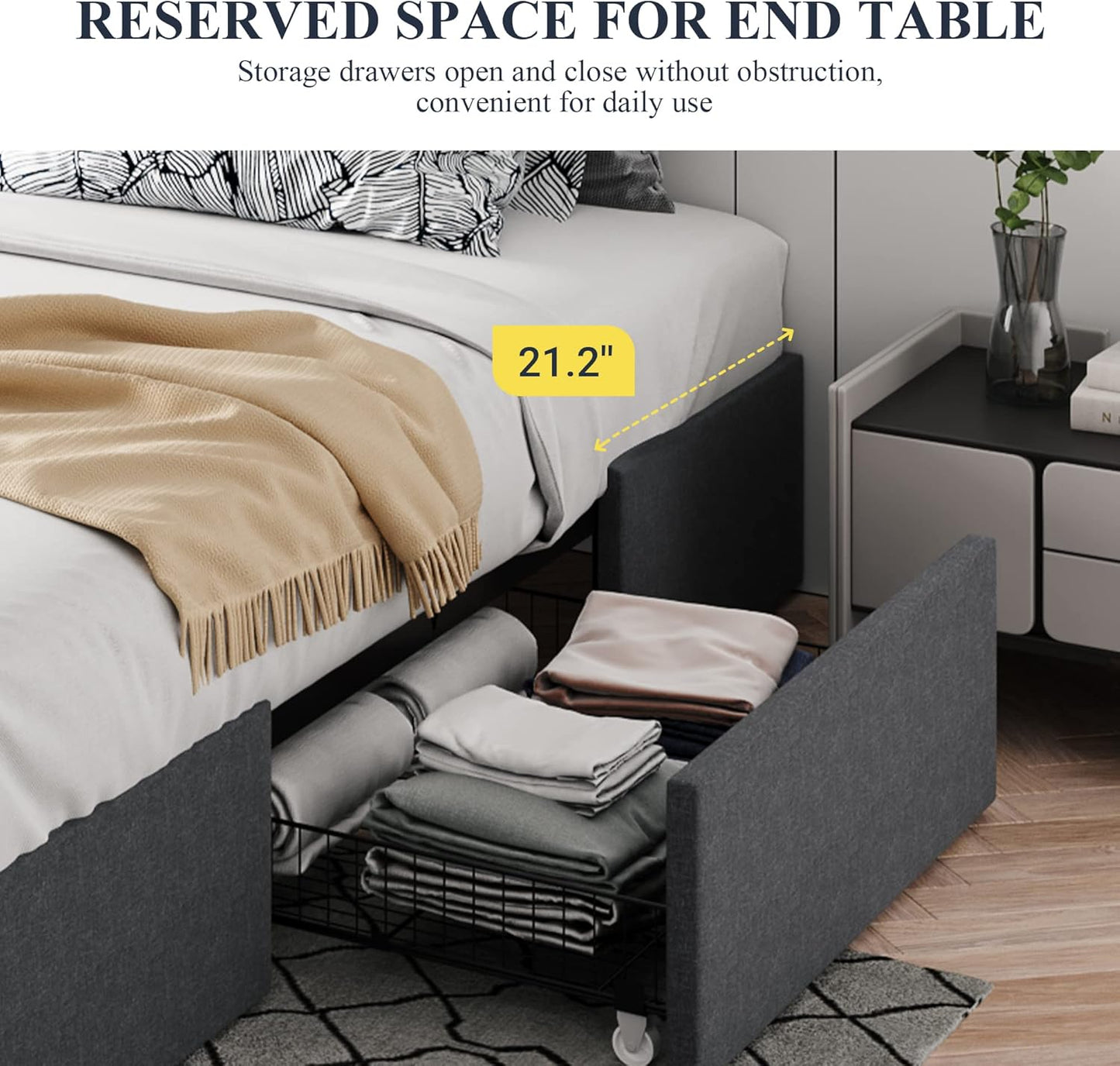 Allewie Full Size Platform Bed Frame with 3 Storage Drawers, Fabric Upholstered, Wooden Slats Support, No Box Spring Needed, Noise Free, Easy Assembly, Dark Grey