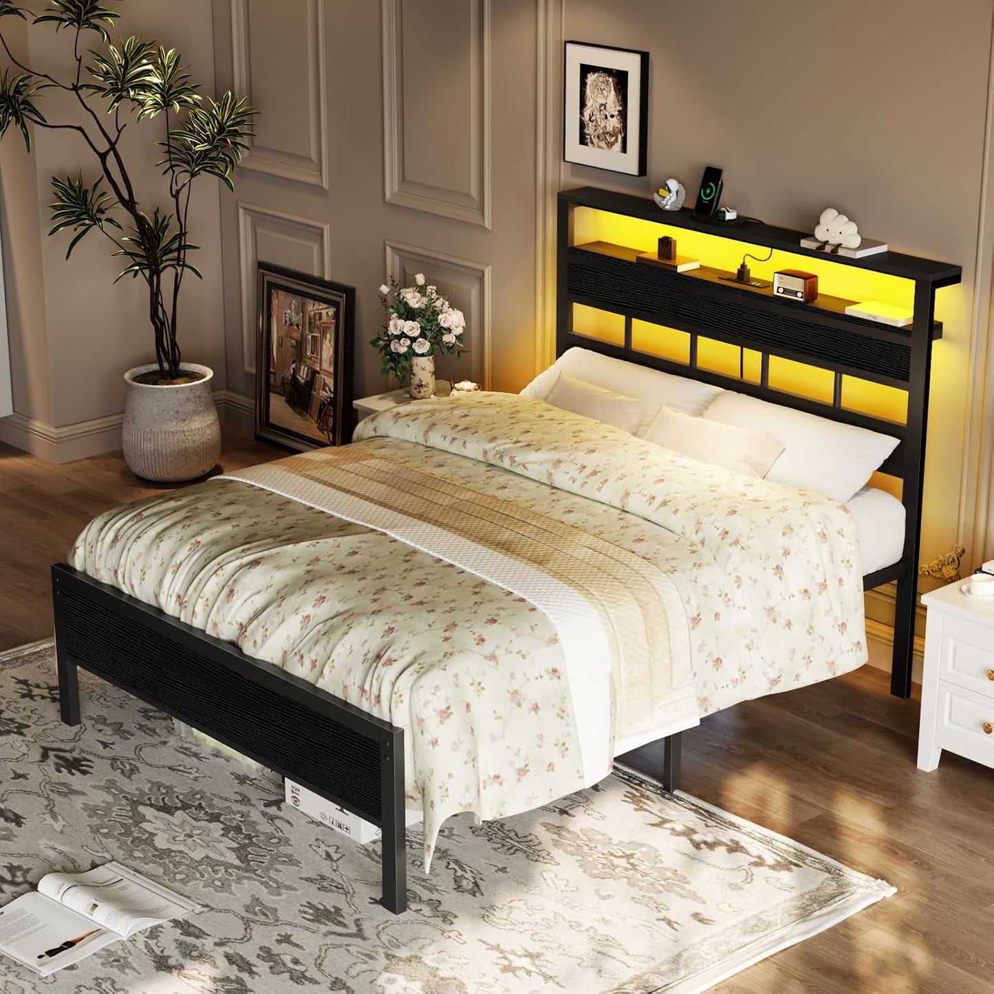 Furnulem Full Size Bed Frame with LED Light and Charging Station, Wood Storage Headboard with 2-Tier Shelves, Metal Platform Bed with Heavy Duty Slats Support, No Box Spring Needed, Black Oak