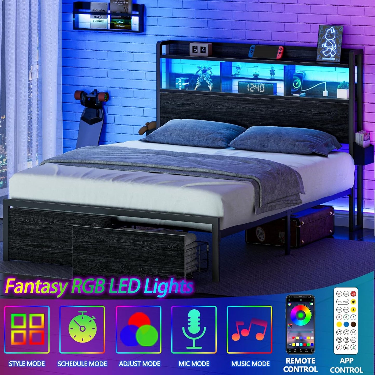 Furnulem Full Size Bed Frame with Wood Headboard, Metal Platform Bed Frame Full Size with Storage Drawers and Shelf, LED Lights and Charging Station, No Box Spring Needed, Noise Free, Black