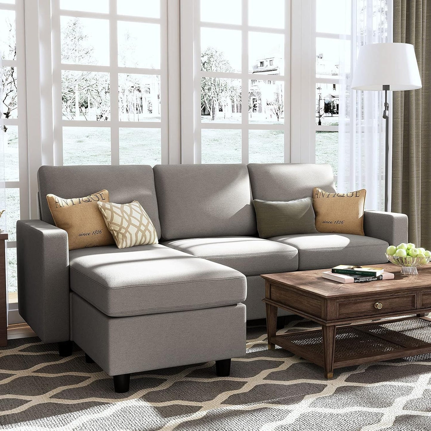 HONBAY L Shaped Couch with Linen Fabric,Convertible, Reversible Sectional Sofa for Small Space, Dark Beige