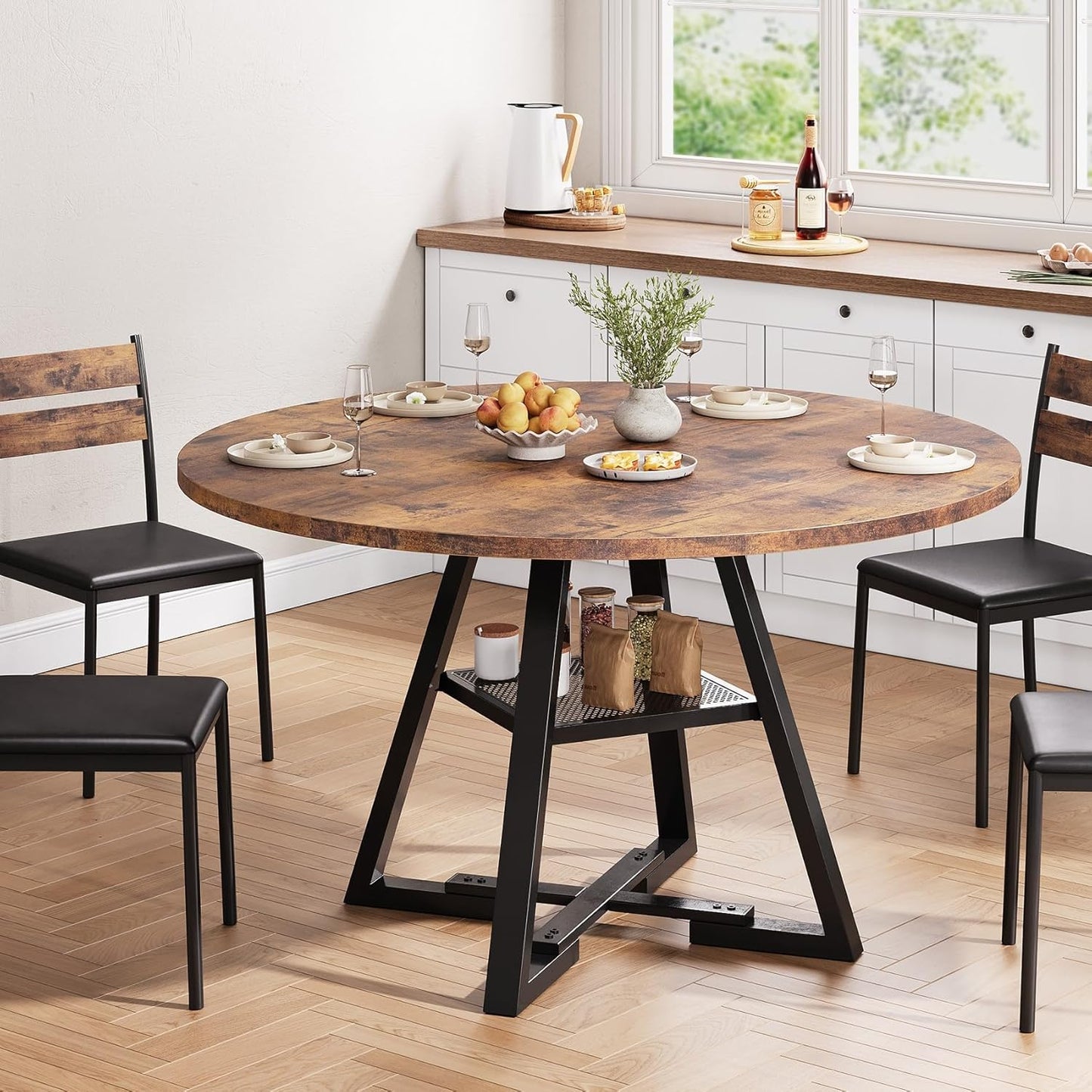 Round Dining Table for 4,Kitchen Dining Room Circle Dinner Pedestal Table,Space Saving Wood Kitchen & Dining Room Furniture (Vintage, 42In)