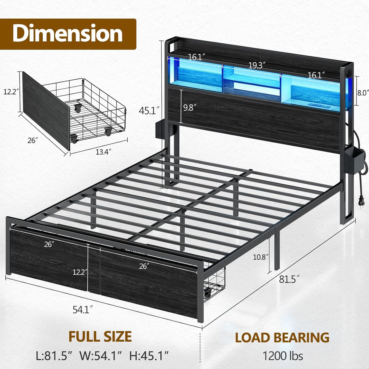 Furnulem Full Size Bed Frame with Wood Headboard, Metal Platform Bed Frame Full Size with Storage Drawers and Shelf, LED Lights and Charging Station, No Box Spring Needed, Noise Free, Black