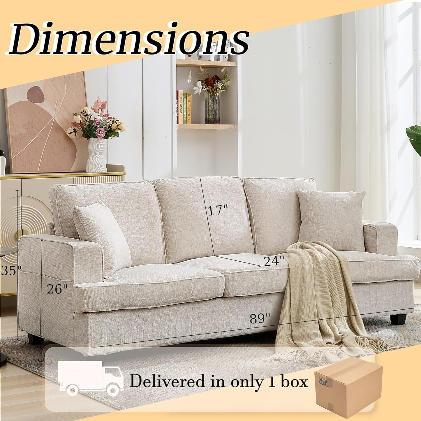 89" Couch Sofa for Living Room, Modern Sofa Loveseat with Comfy Extra Deep Seat, Comfortable Sofa Mid-Century 3-Seater Couch for Bedroom Office Home Apartment Lounge, Beige