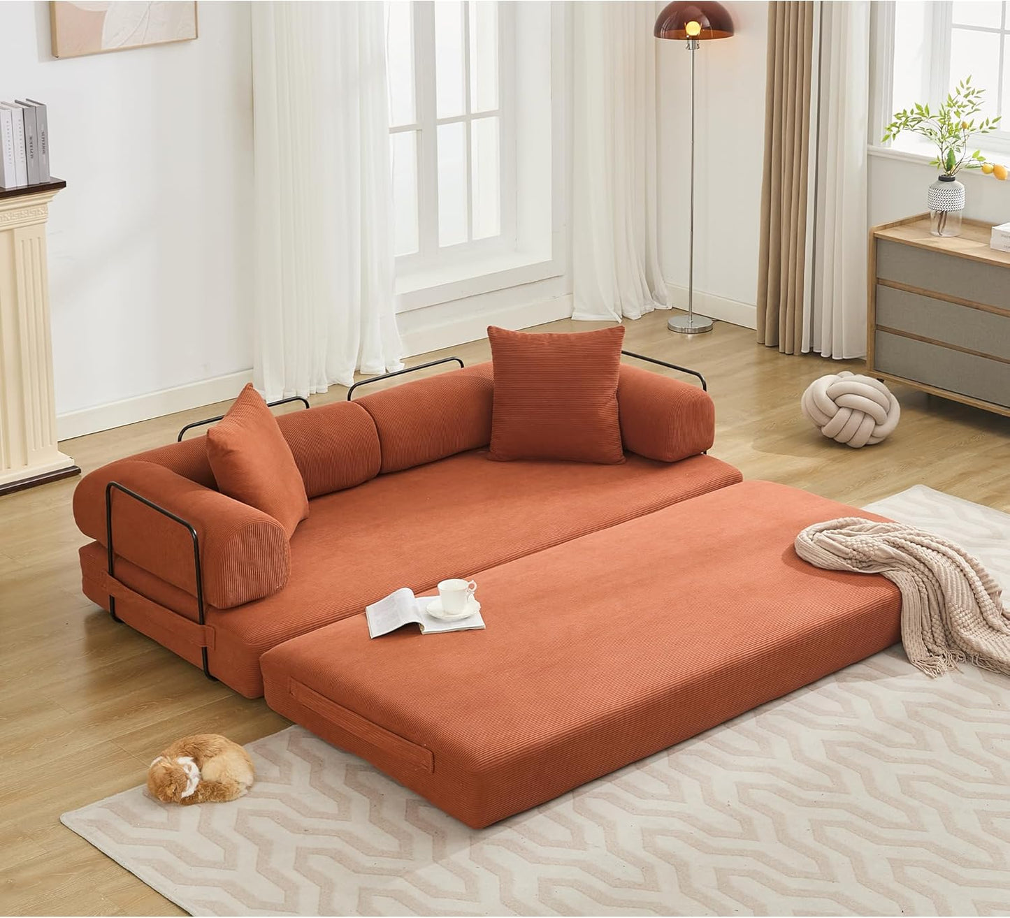 Convertible Sleeper Sofa Bed with Cylindrical Pillow, Corduroy Folding Mattress Couch with Fixed-Shape Frame, Floor Sofa Lounge Couch for Living Room Bedroom Lounge Studio-Green