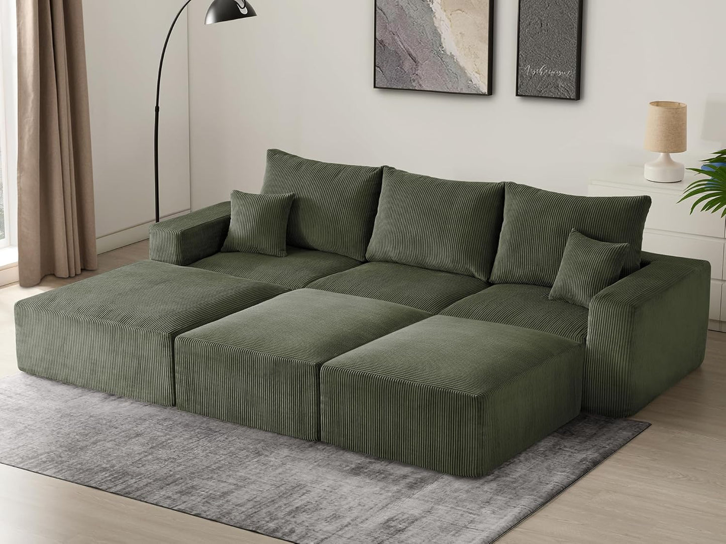 Sectional Cloud Boneless Sofa Bed Couches for Living Room-113'' Beige 3 Seater Modern Lounge Sleeper Couch-No Assembly-Modular Corduroy Convertible Sponge Compression Sofas with Chaise for Home House