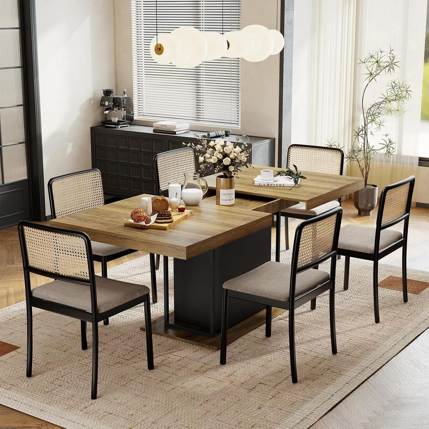 63"-78.7" Expandable Dining Table, 6-10 Farmhouse Kitchen Table, Extendable Dining Table, Rectangular Kitchen Table with Metal Track, Tapered U-Shaped Legs for Dining Room, Office-Oak