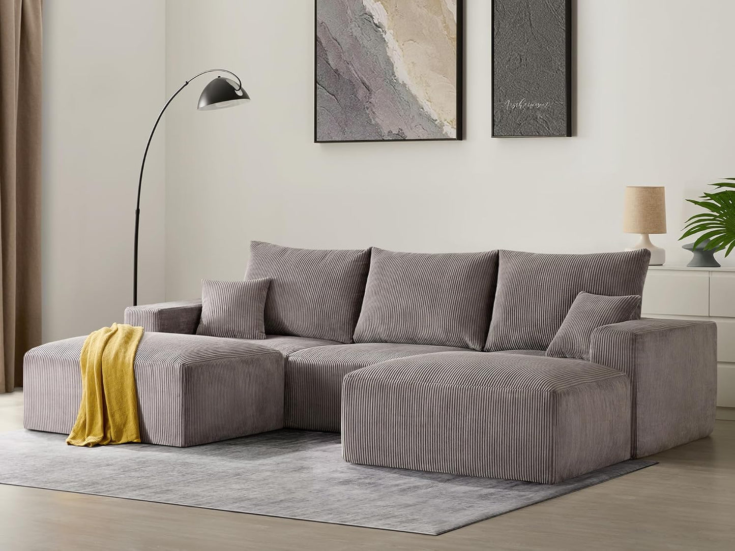 Sectional Cloud Boneless Sofa Bed Couches for Living Room-113'' Beige 3 Seater Modern Lounge Sleeper Couch-No Assembly-Modular Corduroy Convertible Sponge Compression Sofas with Chaise for Home House