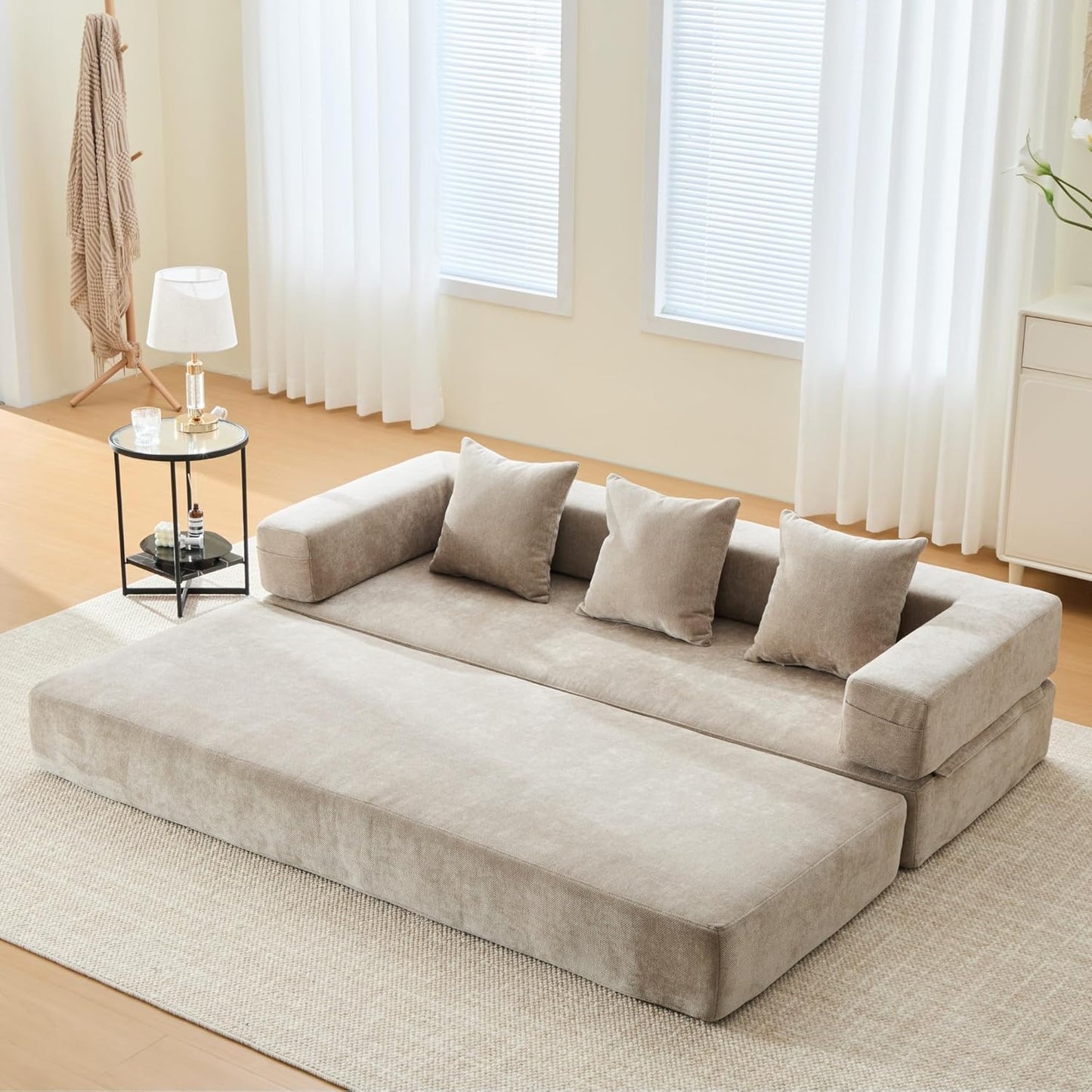 Convertible Sleeper Sofa Bed with Cylindrical Pillow, Corduroy Folding Mattress Couch with Fixed-Shape Frame, Floor Sofa Lounge Couch for Living Room Bedroom Lounge Studio-Green