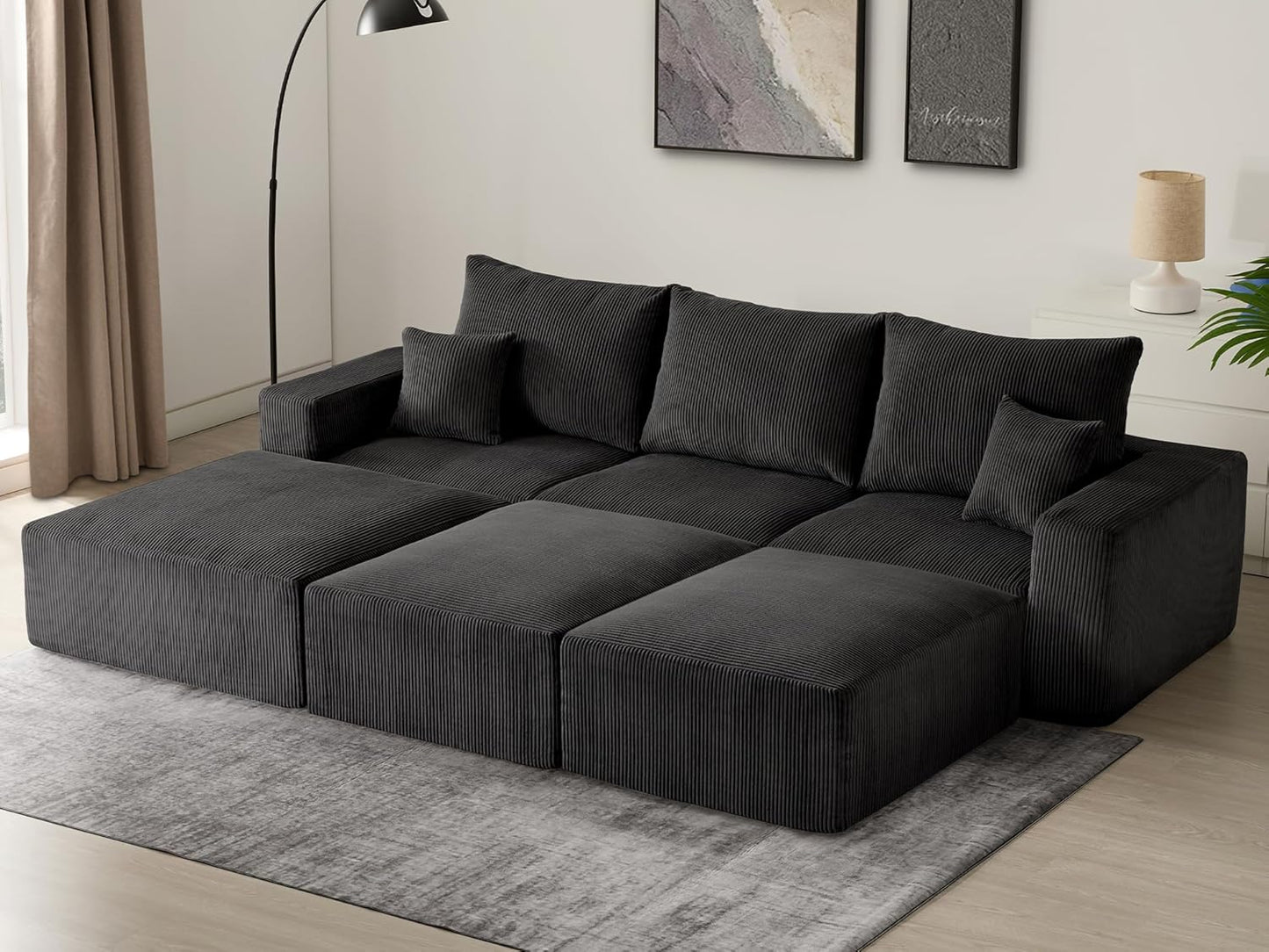 Sectional Cloud Boneless Sofa Bed Couches for Living Room-113'' Beige 3 Seater Modern Lounge Sleeper Couch-No Assembly-Modular Corduroy Convertible Sponge Compression Sofas with Chaise for Home House