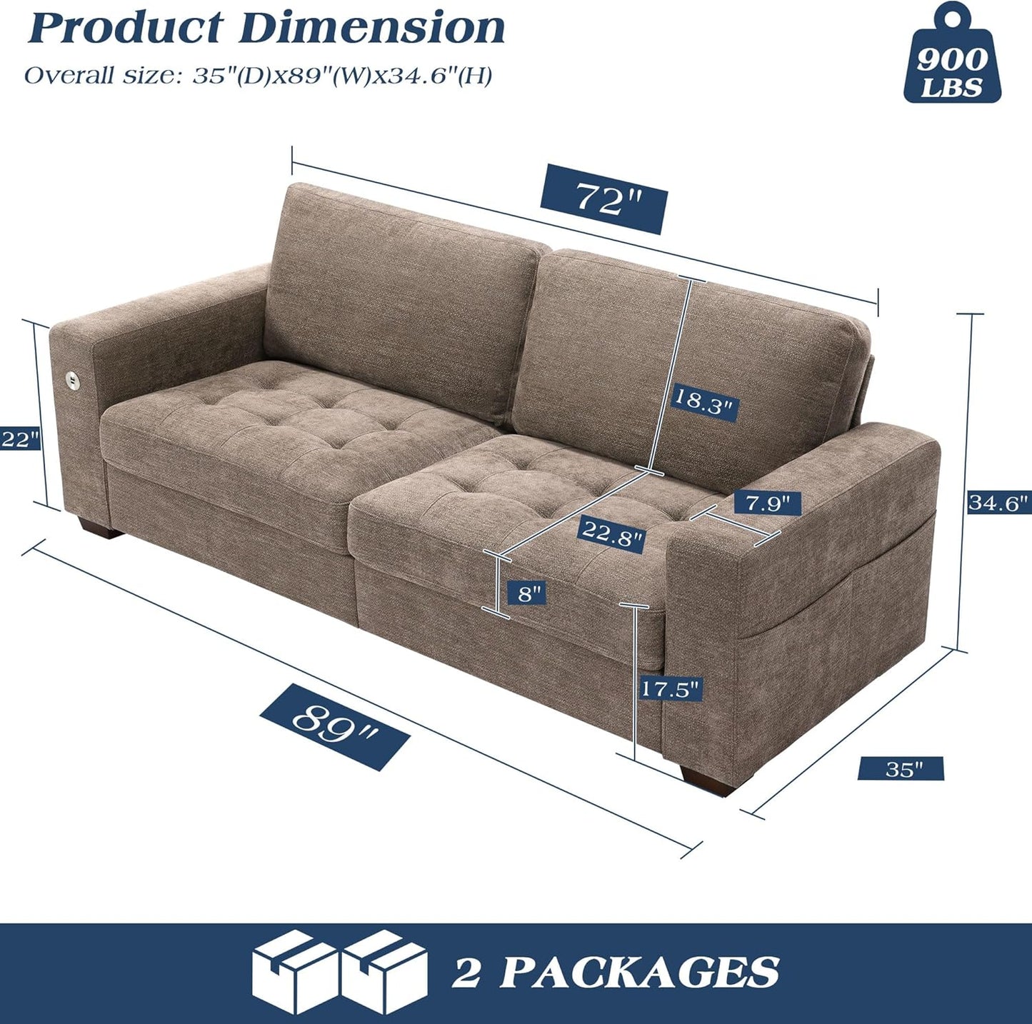Sofas for Living Room, Chenille Loveseat Couch Set, Small Sofa, 3 Seater Sofa, USB Charging, Removable Sofa Cover,Solid Wood Frame, Easy to Install(89inch,Brown)