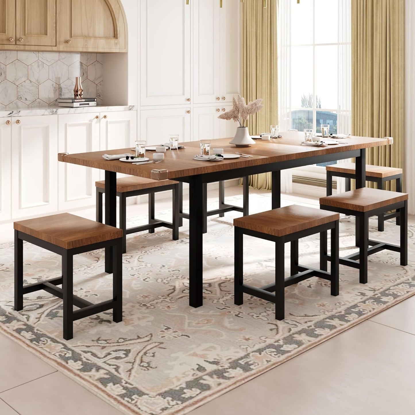 Feonase 5-Piece Dining Table Set for 4-8 People, 63" Extendable Kitchen Table with 2 Benches and 2 Square Stools, Mid-Century Modern Wooden Dining Room Table, Space-Saving, Walnut