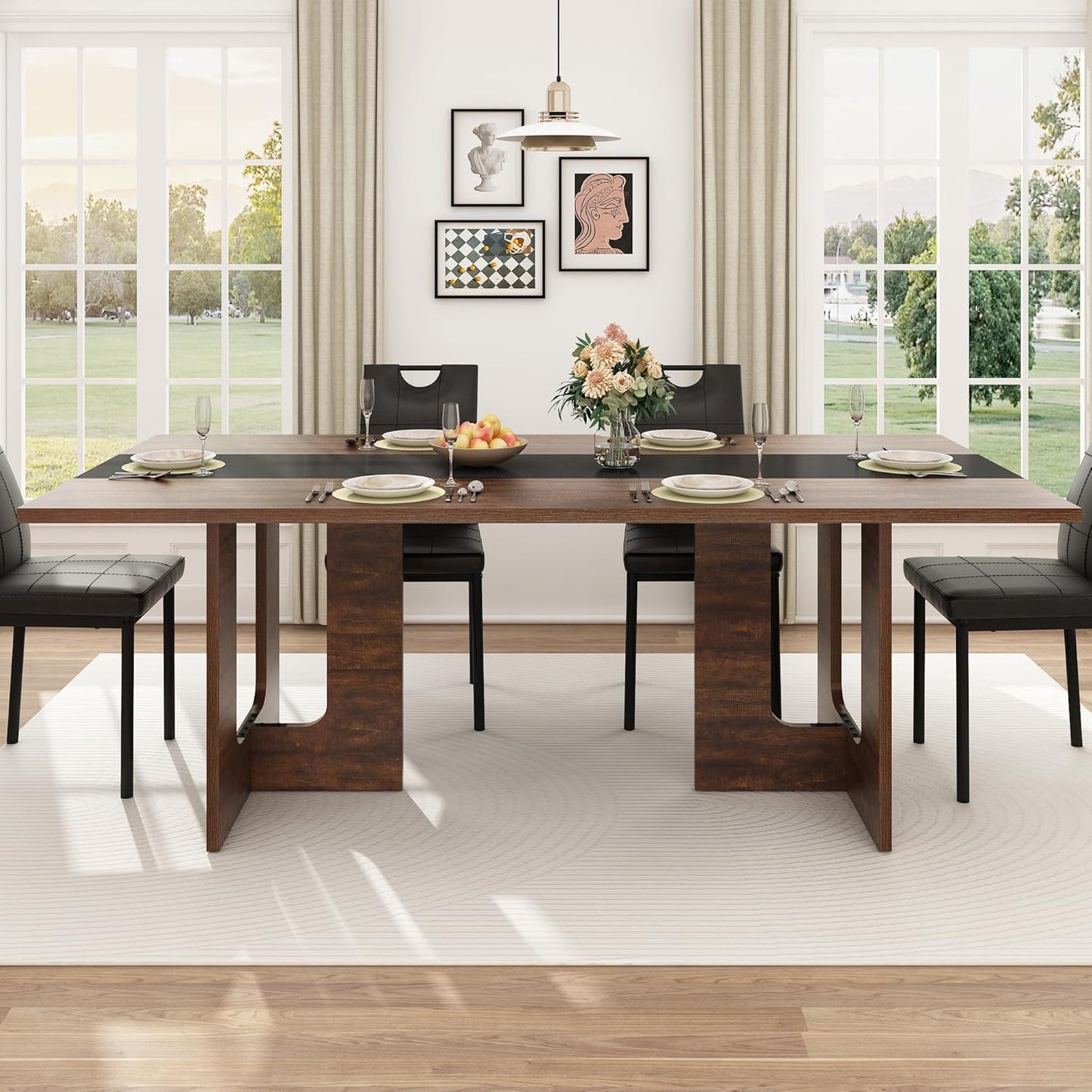 71 Inch Rectangular Dining Table for 6-8 People, Farmhouse Wood Kitchen Table with Wooden Legs, Farmhouse Center Kitchen Table for Dining Room, Kitchen & Living Room, Brown