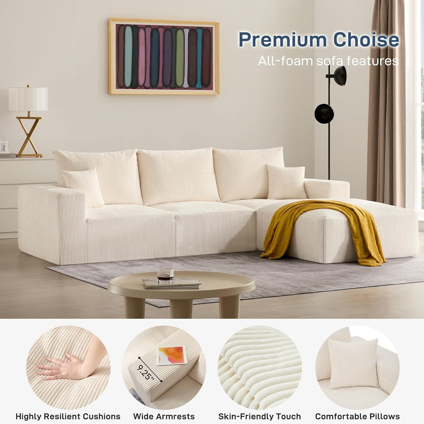 Sectional Cloud Boneless Sofa Bed Couches for Living Room-113'' Beige 3 Seater Modern Lounge Sleeper Couch-No Assembly-Modular Corduroy Convertible Sponge Compression Sofas with Chaise for Home House