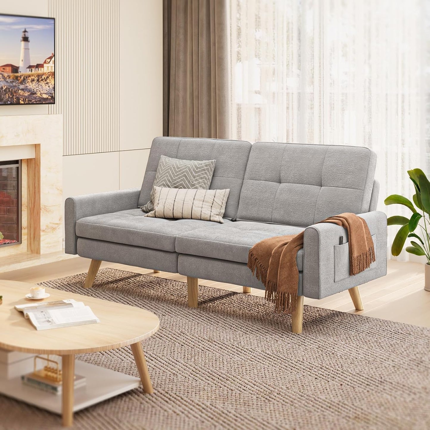 Gizoon 70.9" Sofa Bed, Futon Couch Bed with Adjustable Backrest, Modern Sleeper Sofa with Removable Armrest for Extended Length, Love Seat for Living Room, Office and Small Spaces, Apartment, Grey