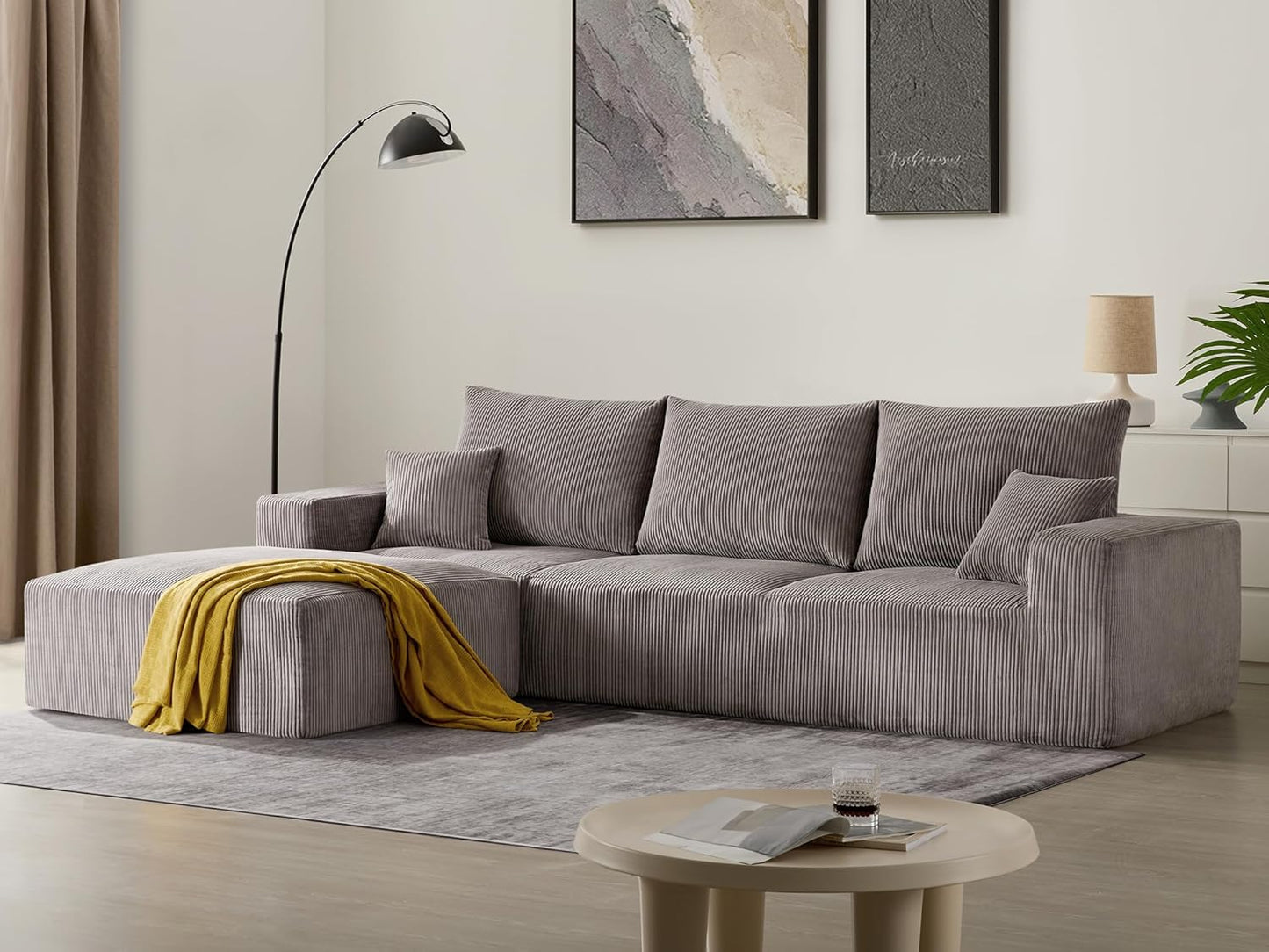 Sectional Cloud Boneless Sofa Bed Couches for Living Room-113'' Beige 3 Seater Modern Lounge Sleeper Couch-No Assembly-Modular Corduroy Convertible Sponge Compression Sofas with Chaise for Home House
