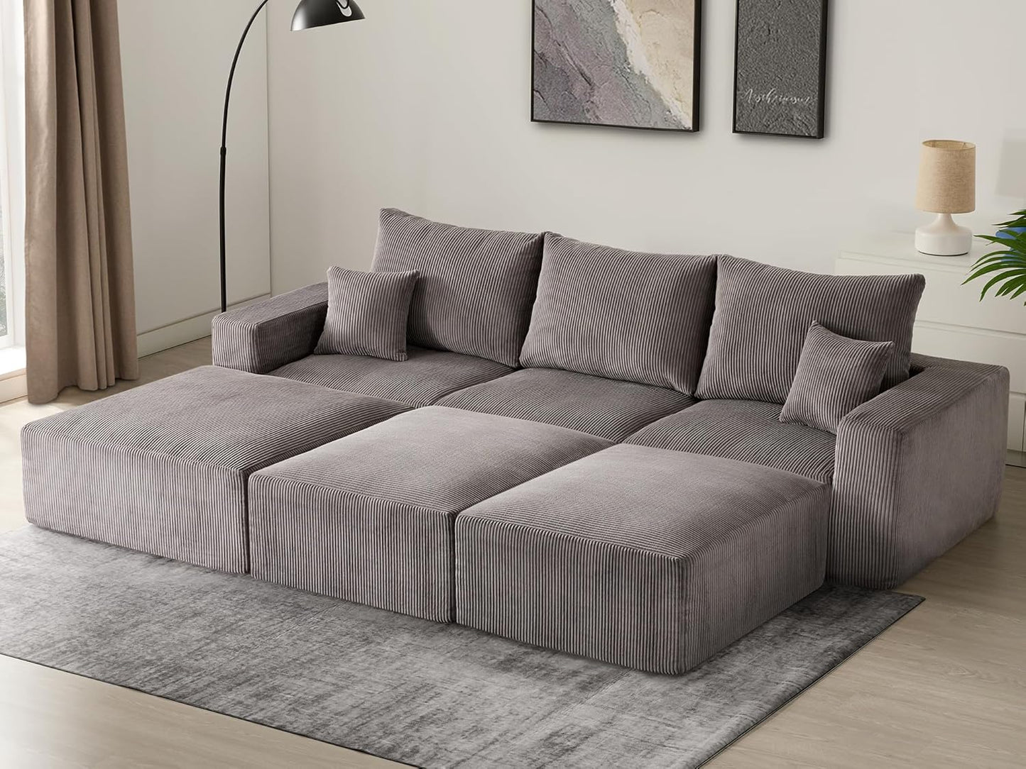 Sectional Cloud Boneless Sofa Bed Couches for Living Room-113'' Beige 3 Seater Modern Lounge Sleeper Couch-No Assembly-Modular Corduroy Convertible Sponge Compression Sofas with Chaise for Home House