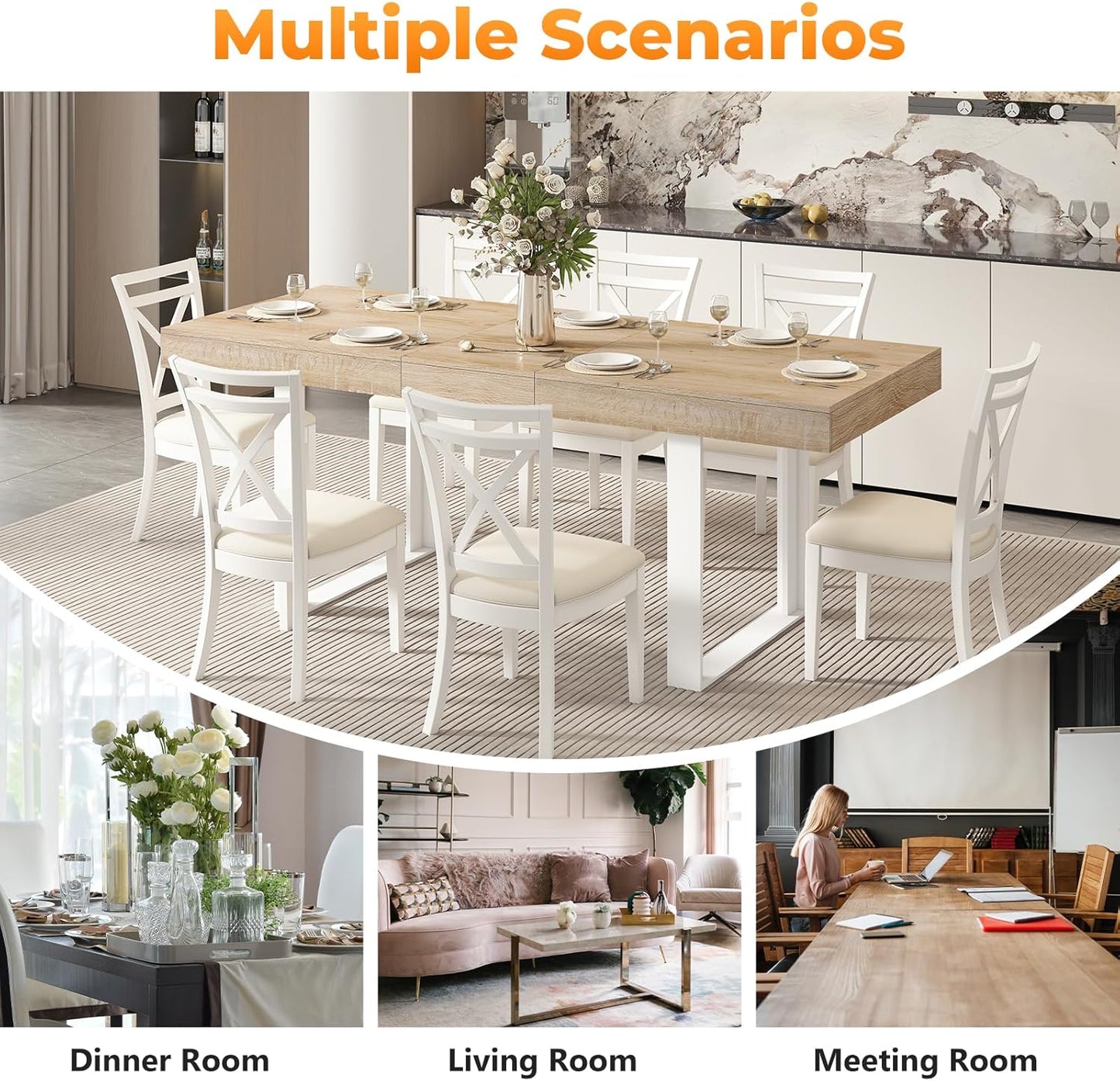 63"-78.7" Expandable Dining Table, 6-10 Farmhouse Kitchen Table, Extendable Dining Table, Rectangular Kitchen Table with Metal Track, Tapered U-Shaped Legs for Dining Room, Office-Oak