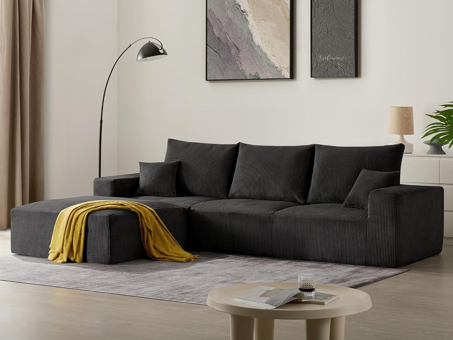 Sectional Cloud Boneless Sofa Bed Couches for Living Room-113'' Beige 3 Seater Modern Lounge Sleeper Couch-No Assembly-Modular Corduroy Convertible Sponge Compression Sofas with Chaise for Home House