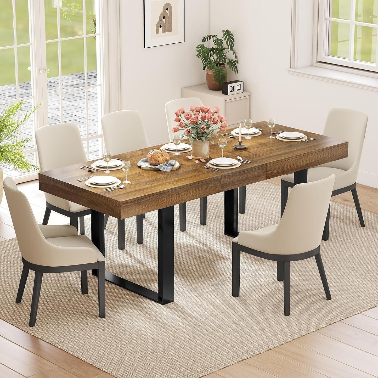 63"-78.7" Expandable Dining Table, 6-10 Farmhouse Kitchen Table, Extendable Dining Table, Rectangular Kitchen Table with Metal Track, Tapered U-Shaped Legs for Dining Room, Office-Oak