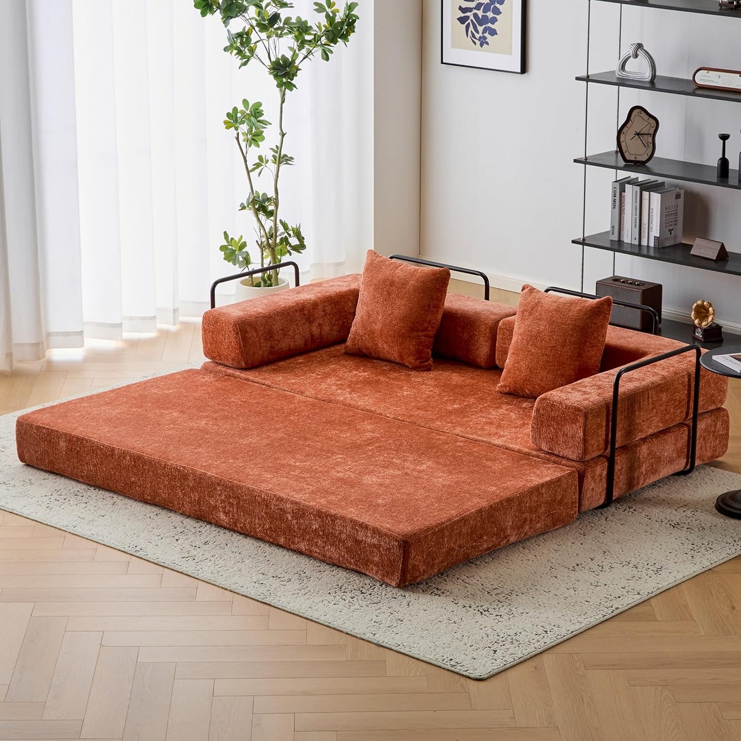 Convertible Sleeper Sofa Bed with Cylindrical Pillow, Corduroy Folding Mattress Couch with Fixed-Shape Frame, Floor Sofa Lounge Couch for Living Room Bedroom Lounge Studio-Green