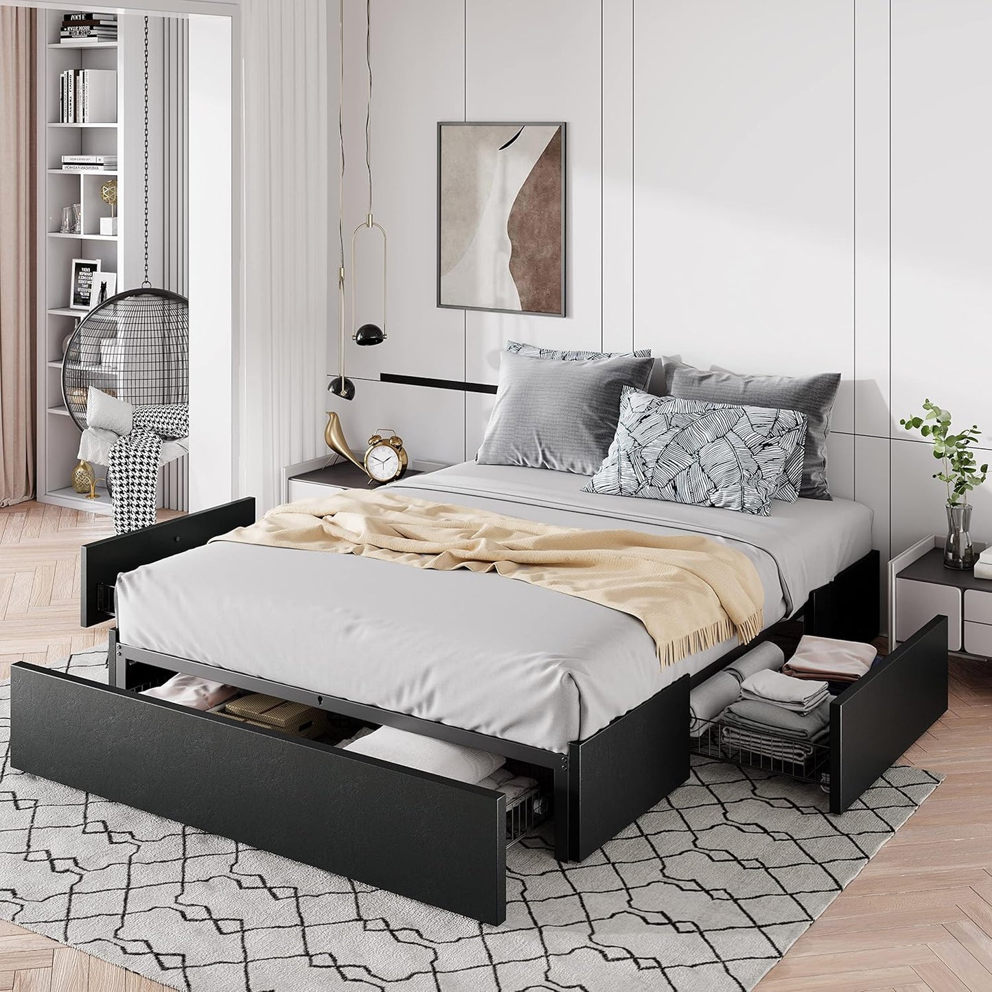 Allewie Full Size Platform Bed Frame with 3 Storage Drawers, Fabric Upholstered, Wooden Slats Support, No Box Spring Needed, Noise Free, Easy Assembly, Dark Grey